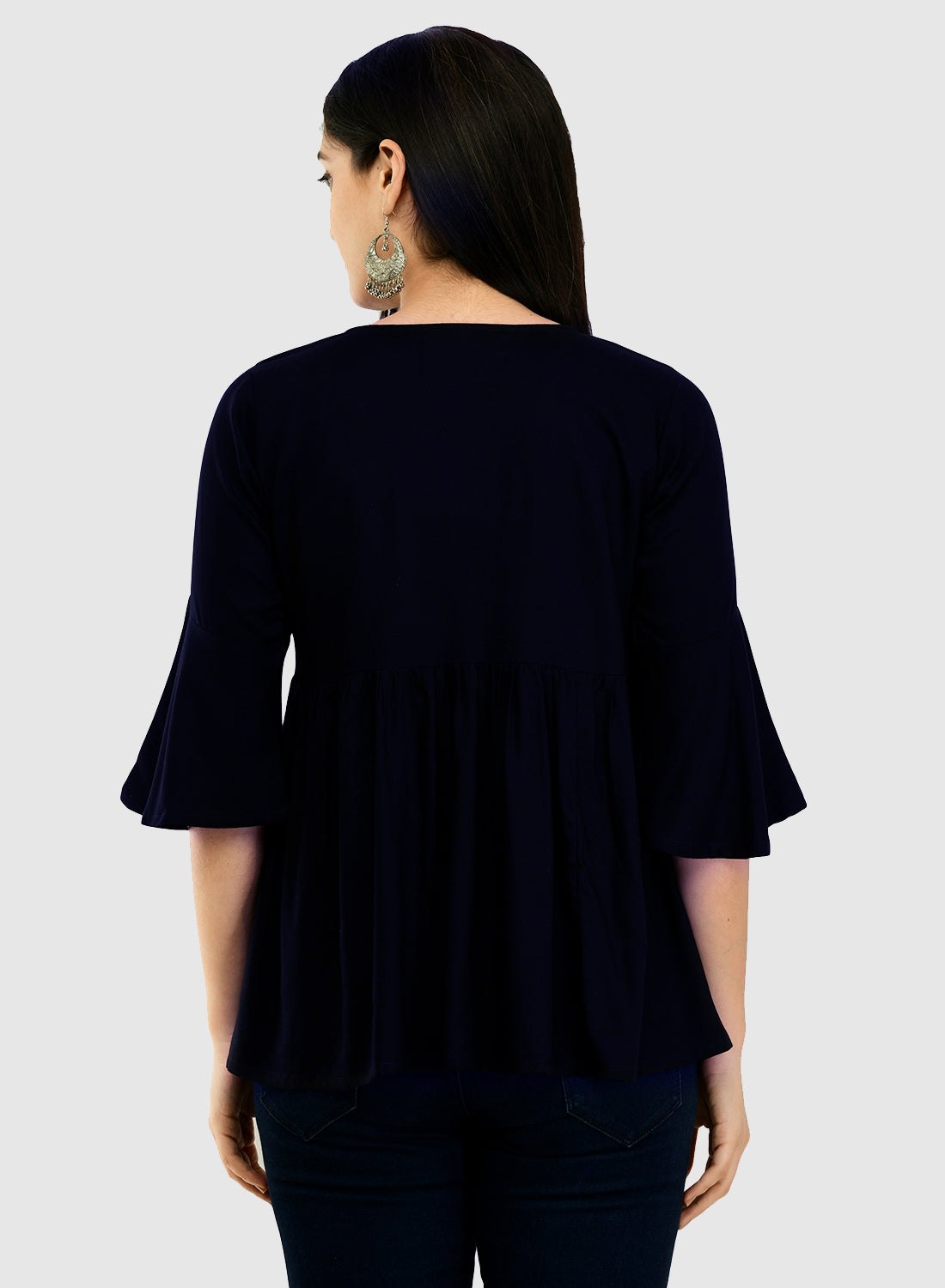 Women Navy Top Casual Bell Sleeves Floral Print