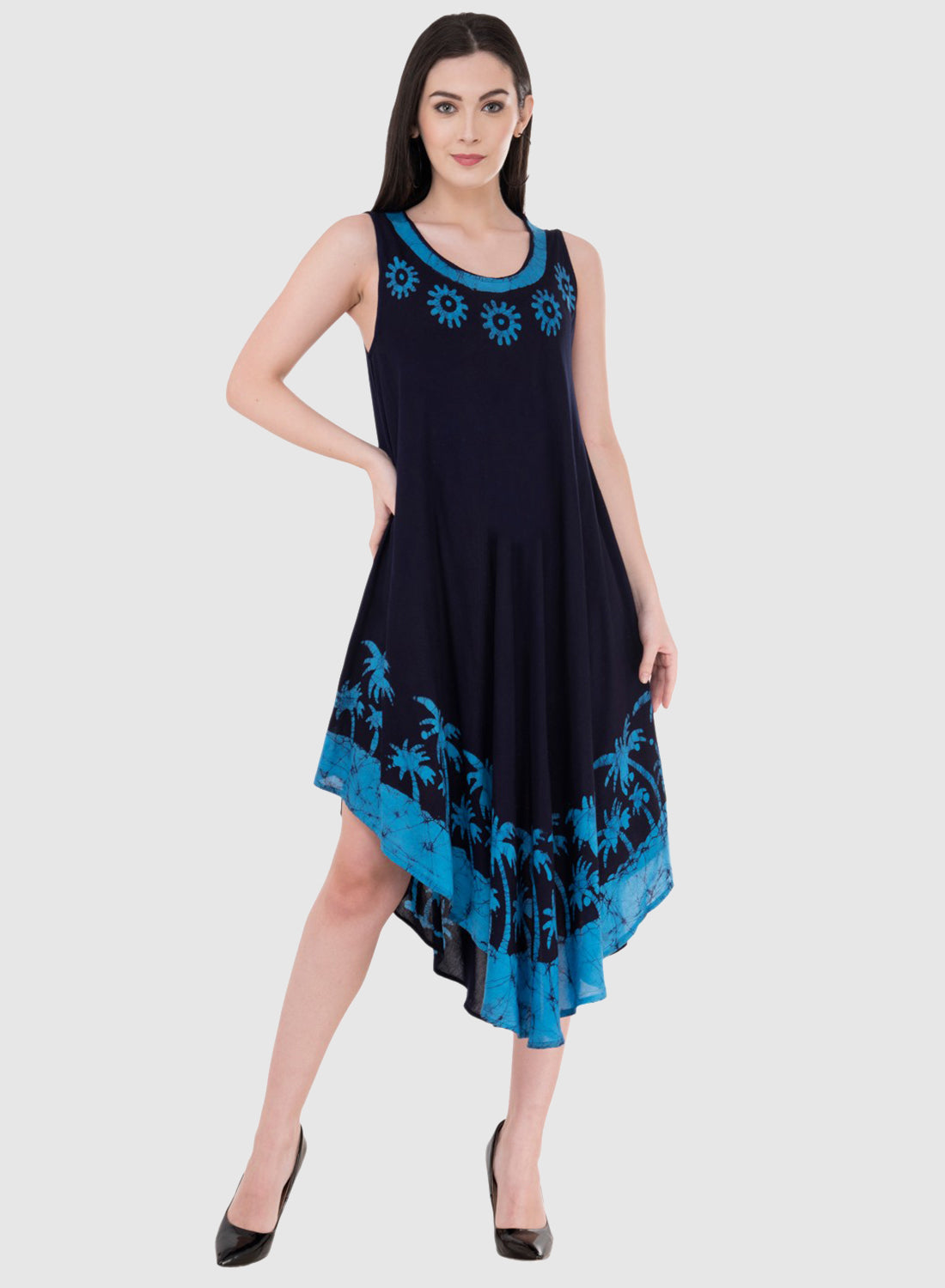 Women Dress Blue Aline Rayon Sleeveless Ombre Dye Asymmetric