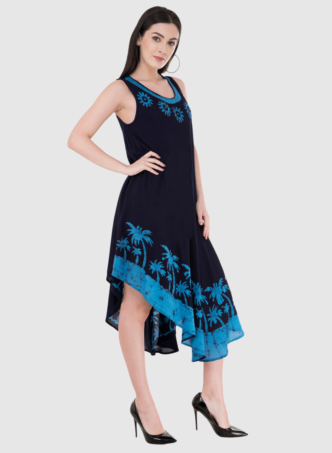 Women Dress Blue Aline Rayon Sleeveless Ombre Dye Asymmetric