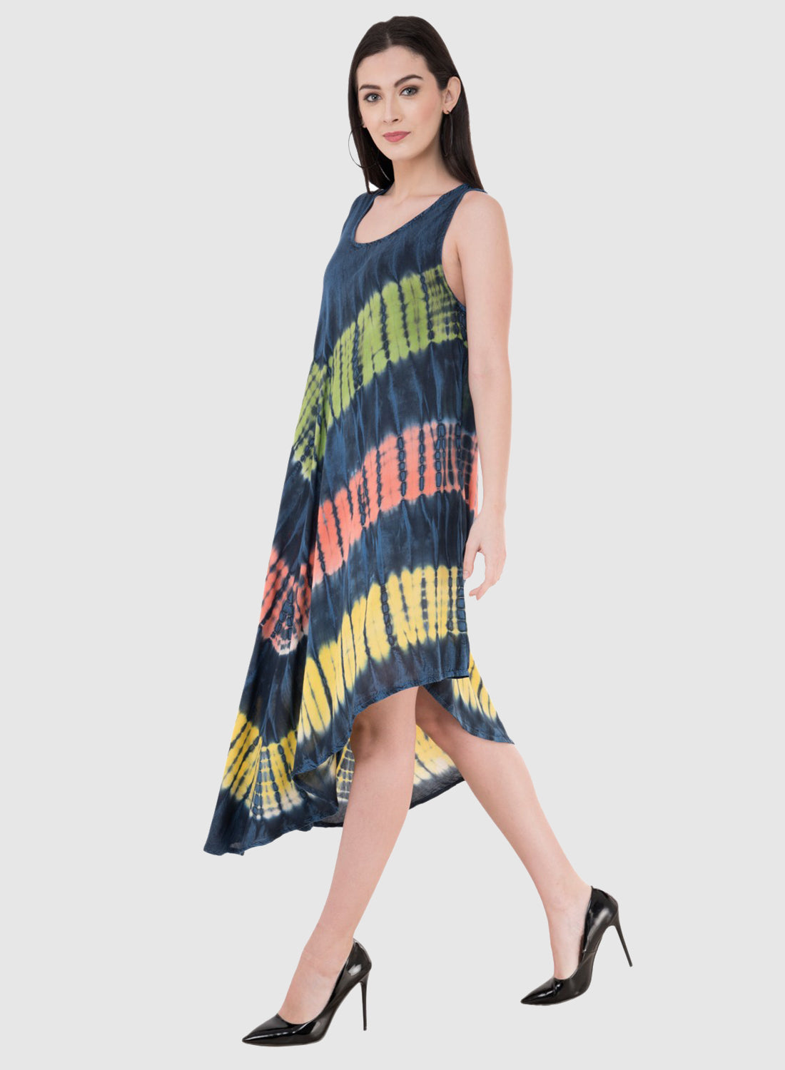 Women Dress Blue Aline Rayon Sleeveless Ombre Dye Asymmetric