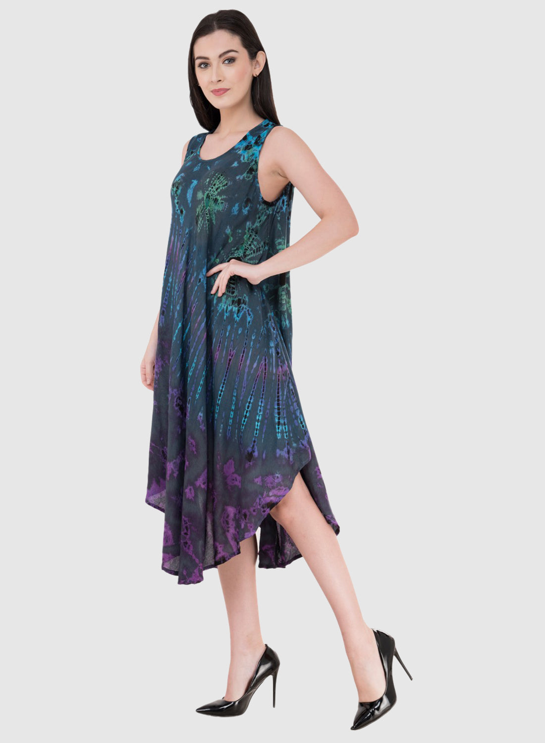 Women Dress Purple Aline Rayon Sleeveless Ombre Dye Asymmetric