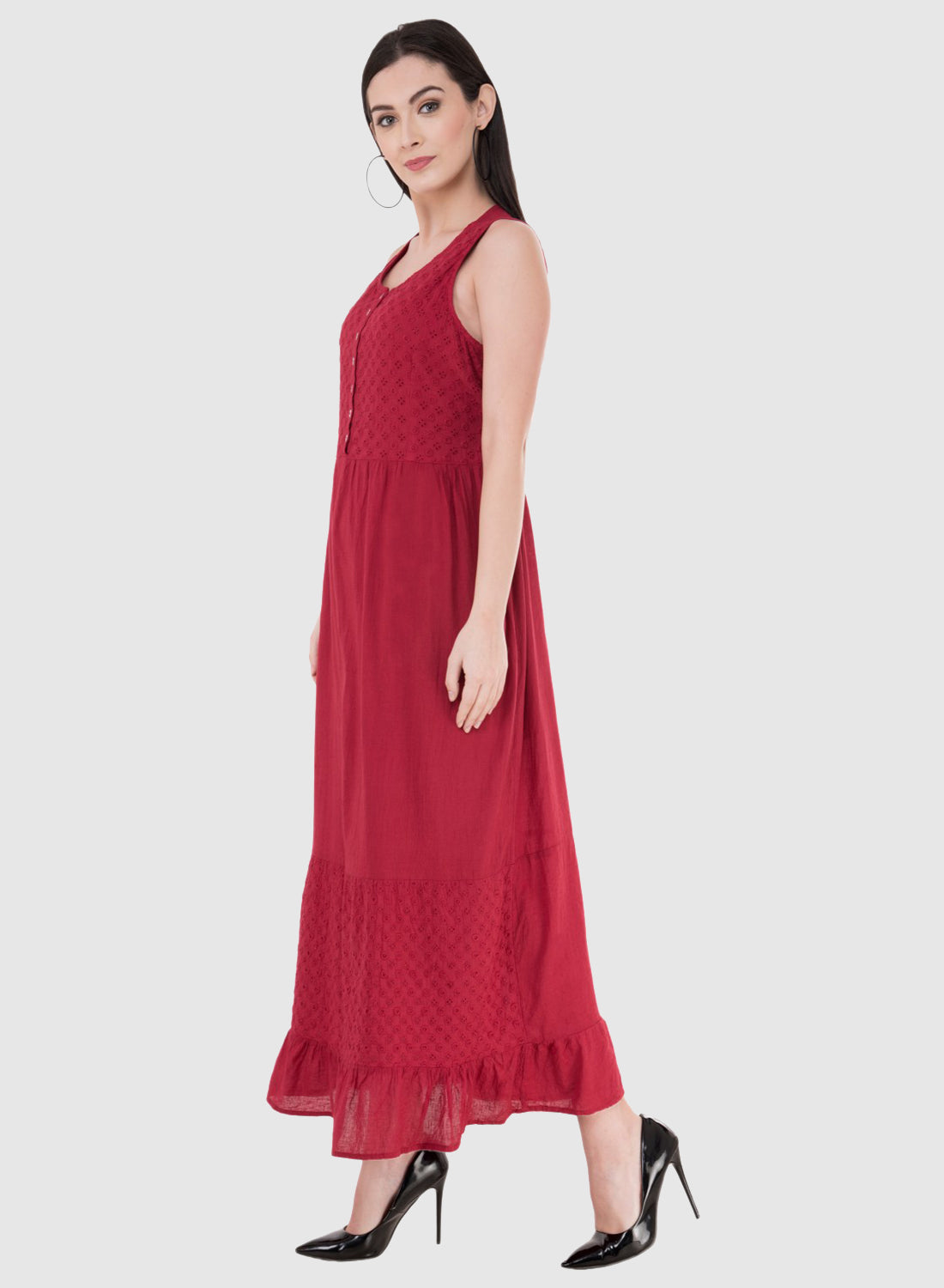 Women Dress Maroon Maxi Cotton Sleeveless