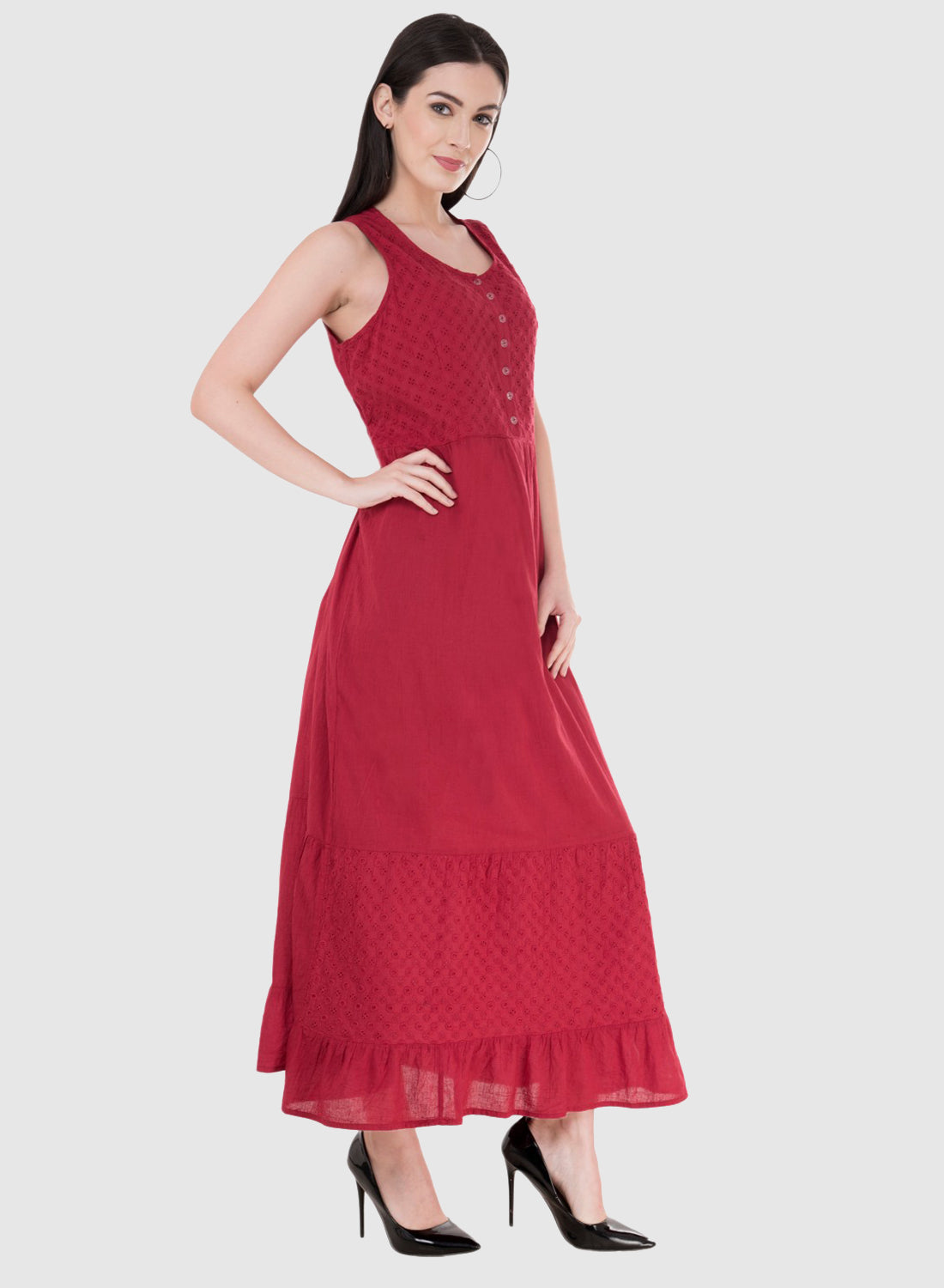Women Dress Maroon Maxi Cotton Sleeveless