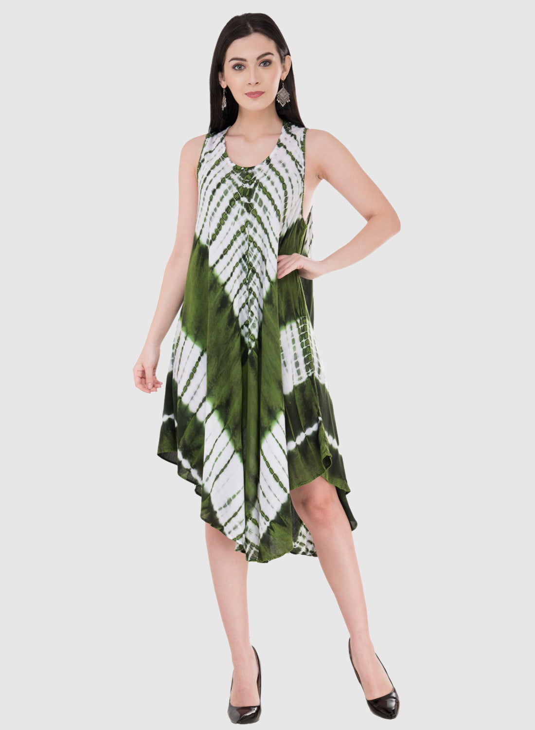Women Dress Light Green Rayon Sleeveless Ombre Dye Asymmetric