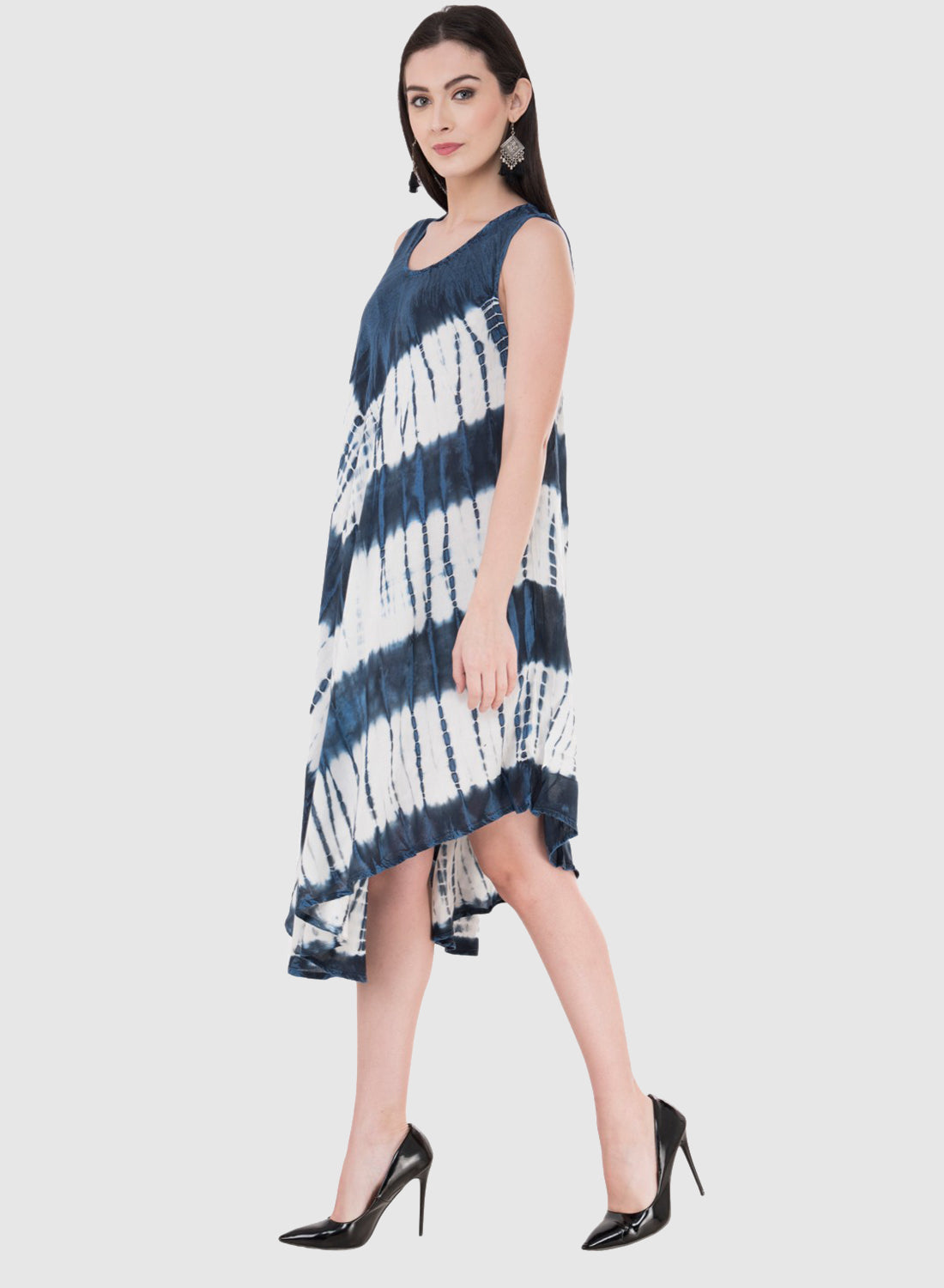 Women Dress White Blue Navy Rayon Sleeveless Ombre Dye Asymmetric