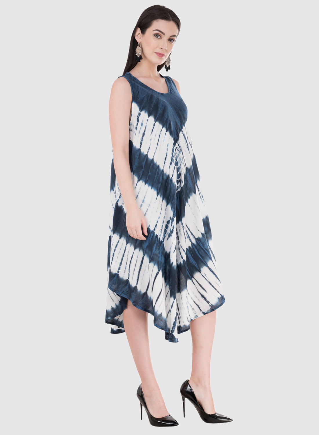 Women Dress White Blue Navy Rayon Sleeveless Ombre Dye Asymmetric