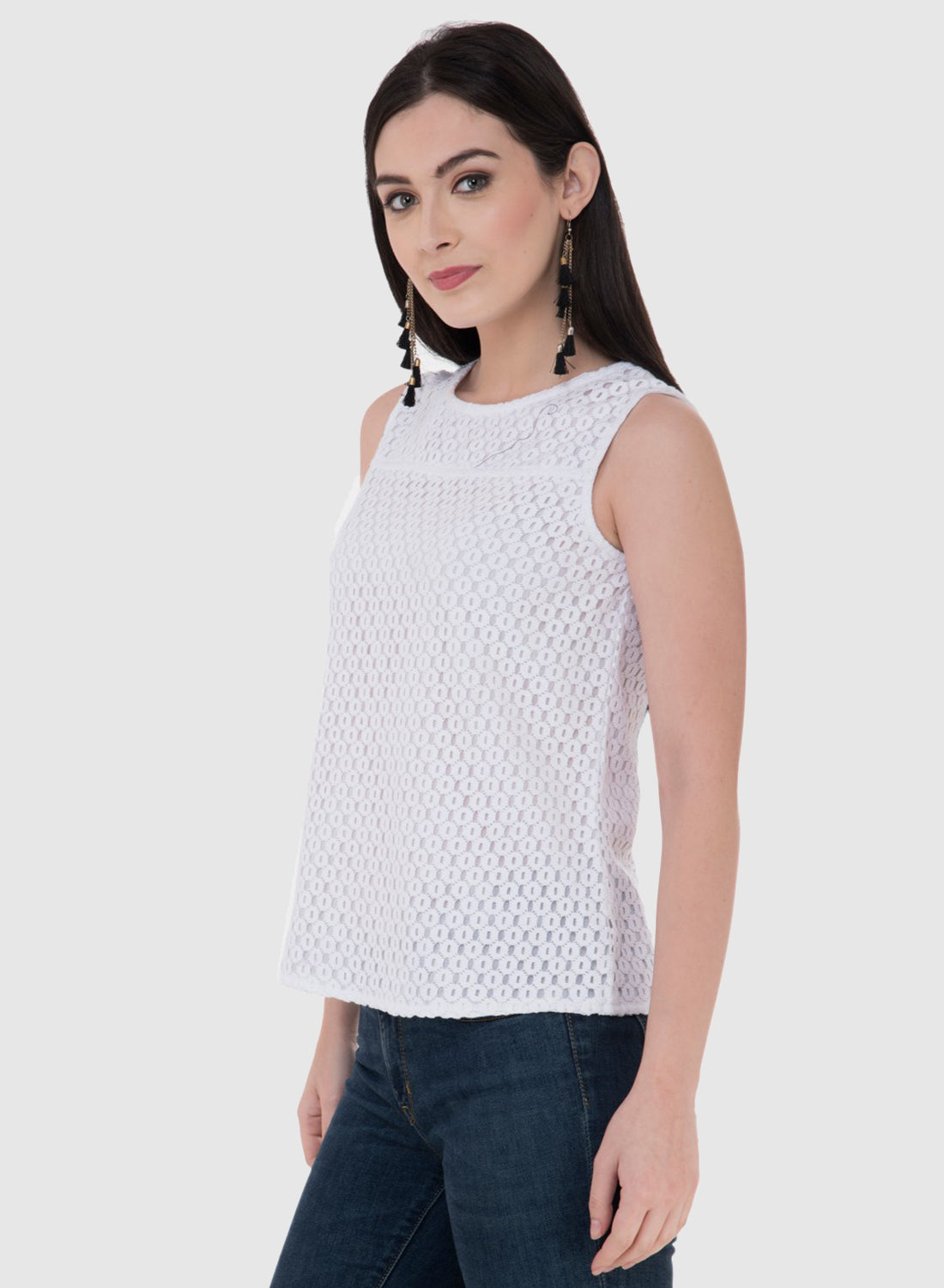 Women Top White Cotton Sleeveless Casual
