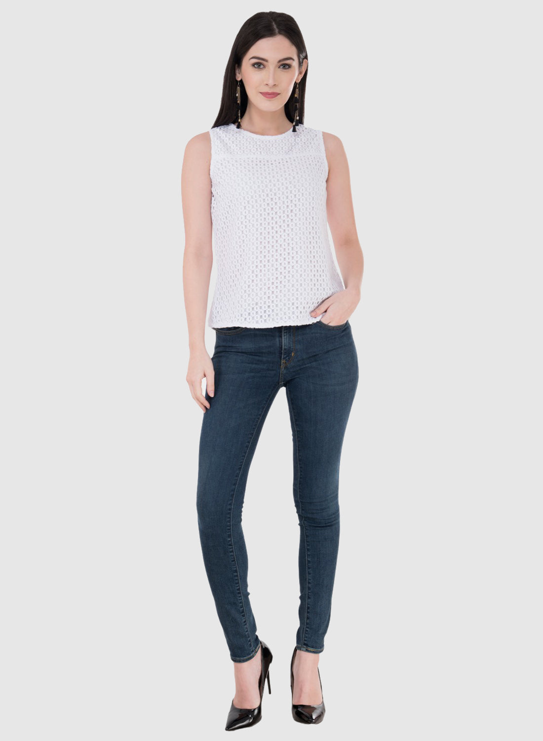 Women Top White Cotton Sleeveless Casual