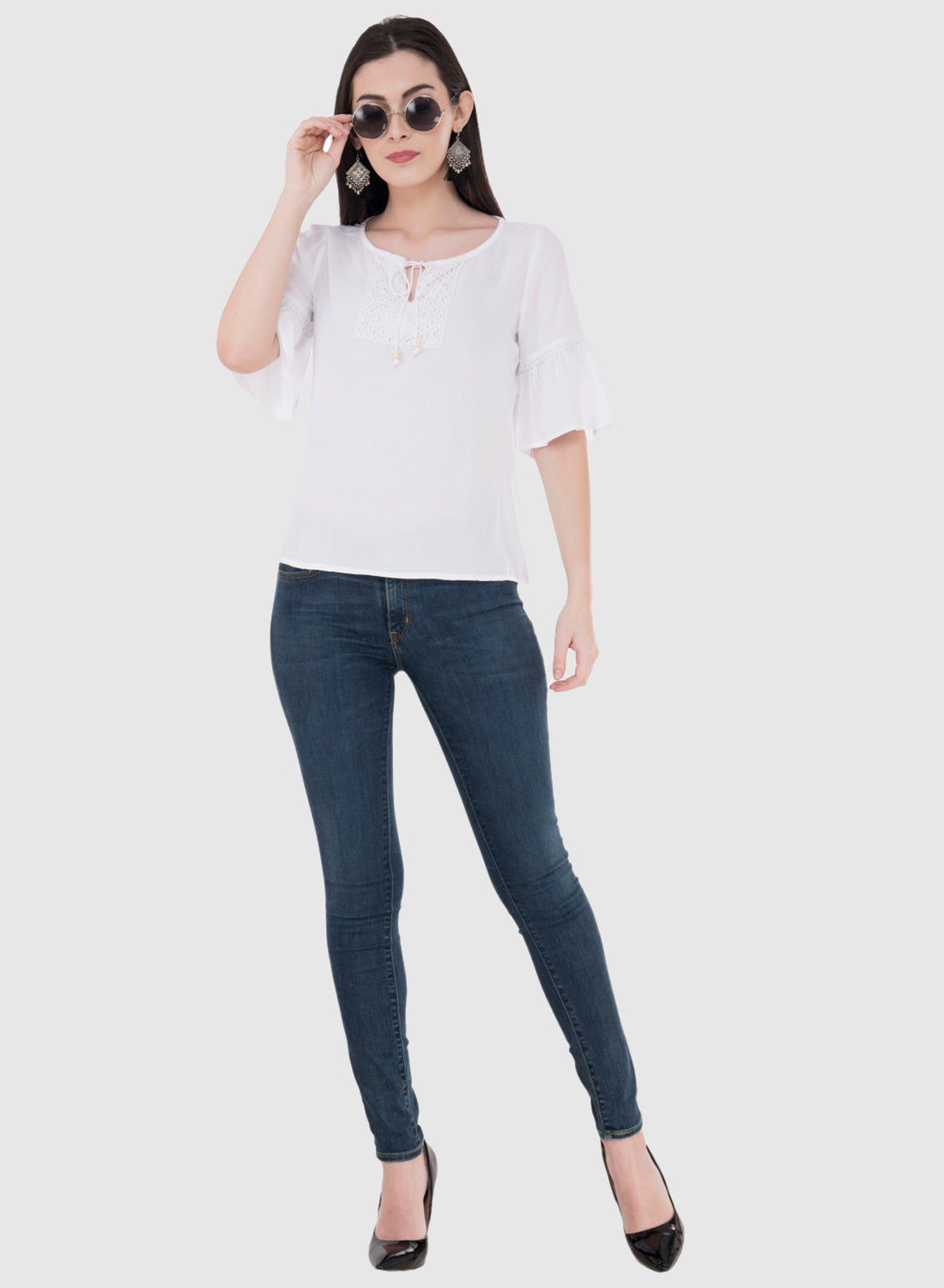 Women Top White Rayon Casual Bell Sleeve Solid