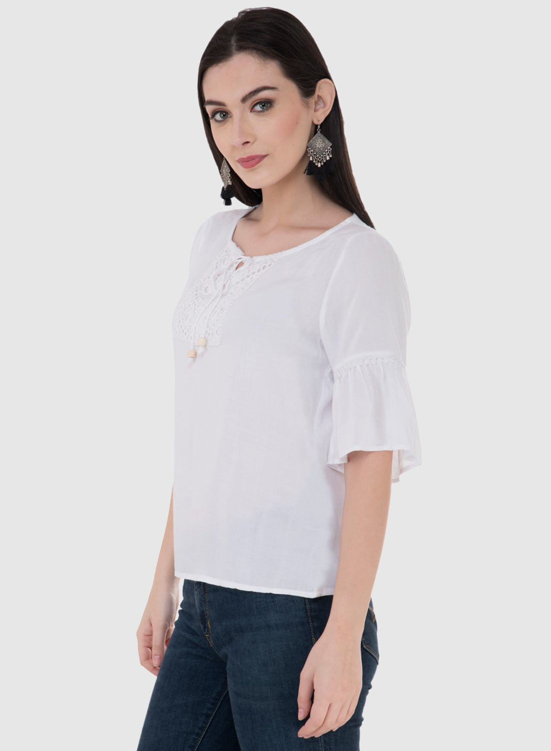 Women Top White Rayon Casual Bell Sleeve Solid