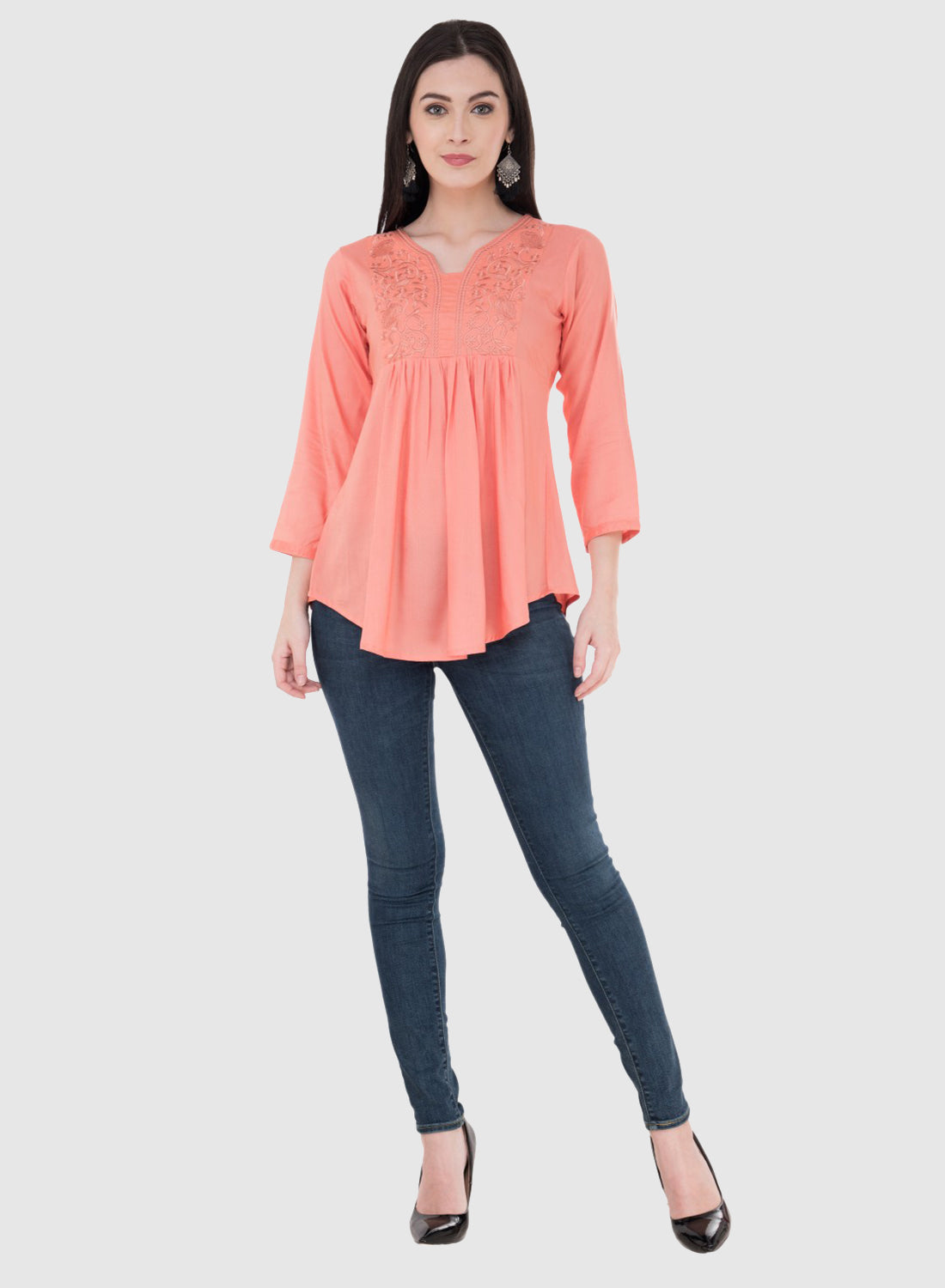 Women Top Pich Rayon Casual Regular Fit and Flare 3/4 Sleeve