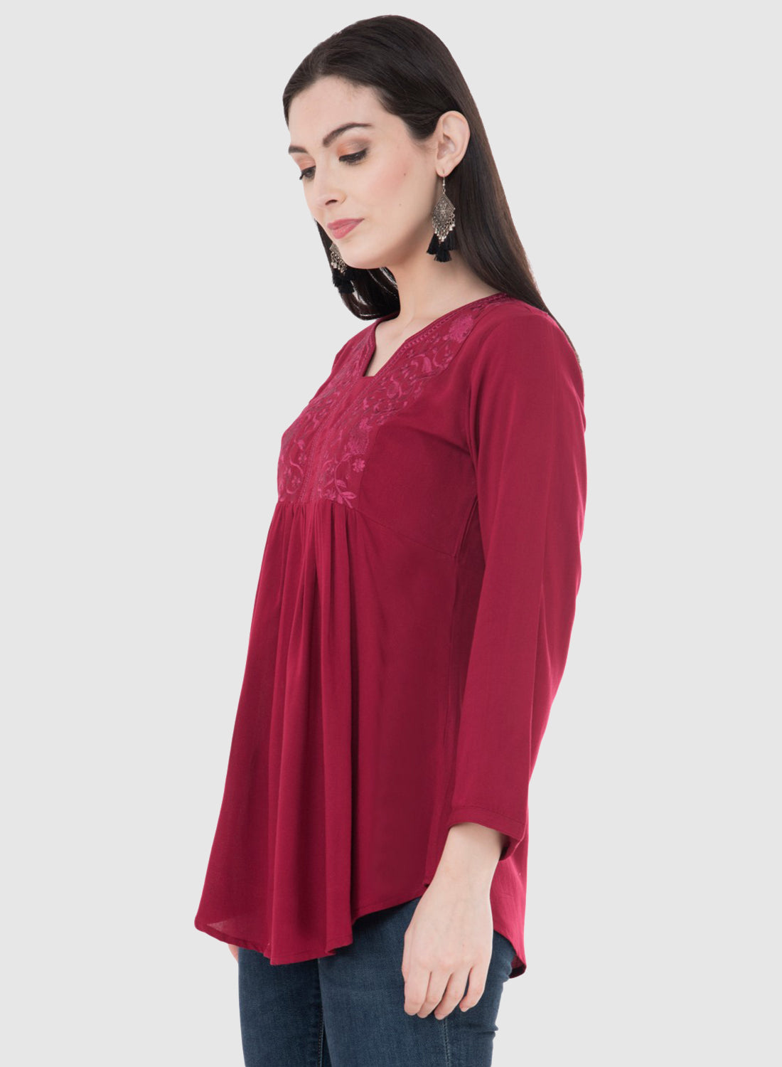 Women Top Maroon Rayon Casual Regular Fit and Flare 3/4 Sleeve