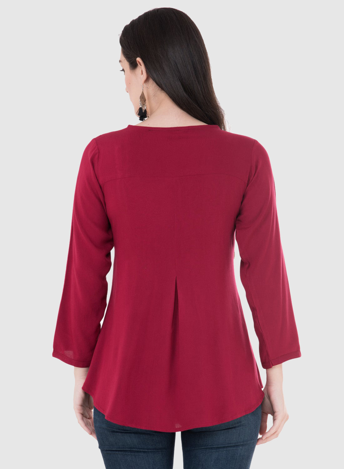 Women Top Maroon Rayon Casual Regular Fit and Flare 3/4 Sleeve