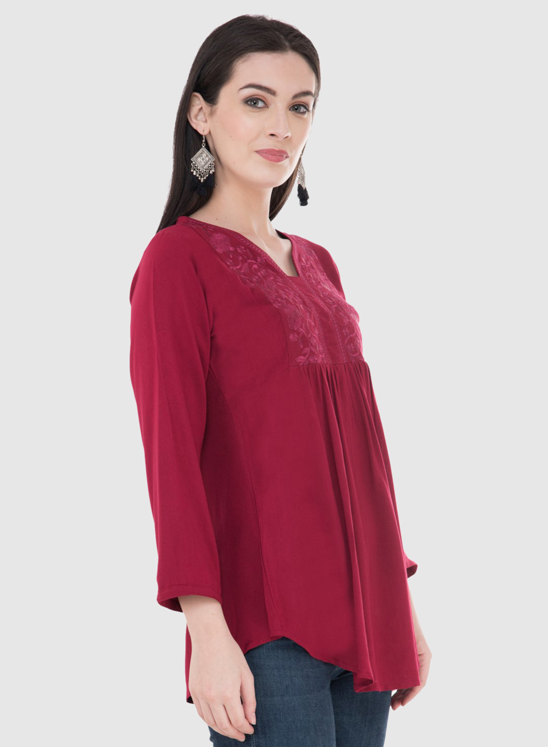 Women Top Maroon Rayon Casual Regular Fit and Flare 3/4 Sleeve