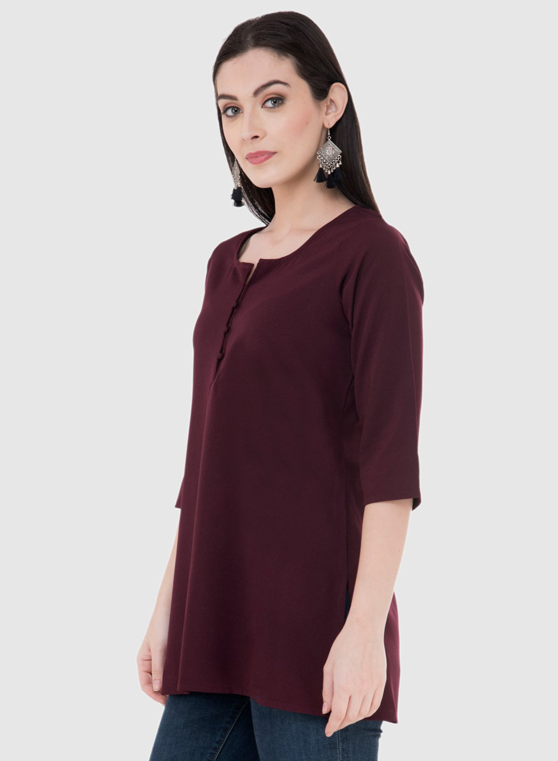 Women Top Wine Brown Rayon Casual Regular Fit Sleeves 3/4 Solid