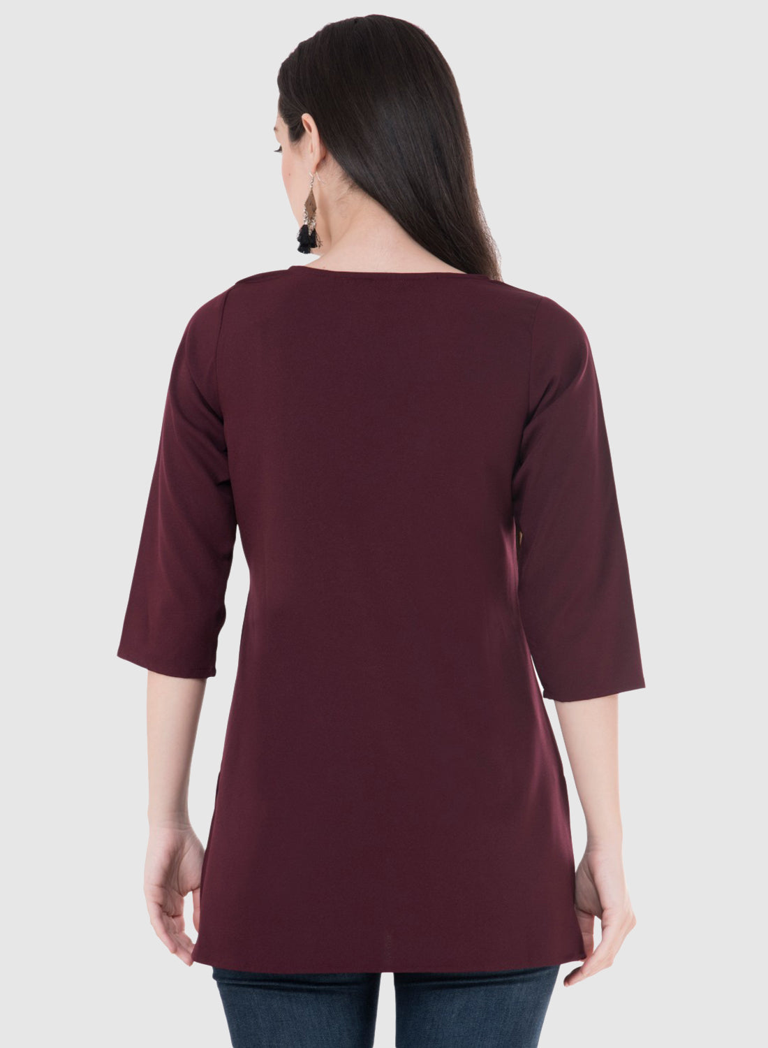 Women Top Wine Brown Rayon Casual Regular Fit Sleeves 3/4 Solid