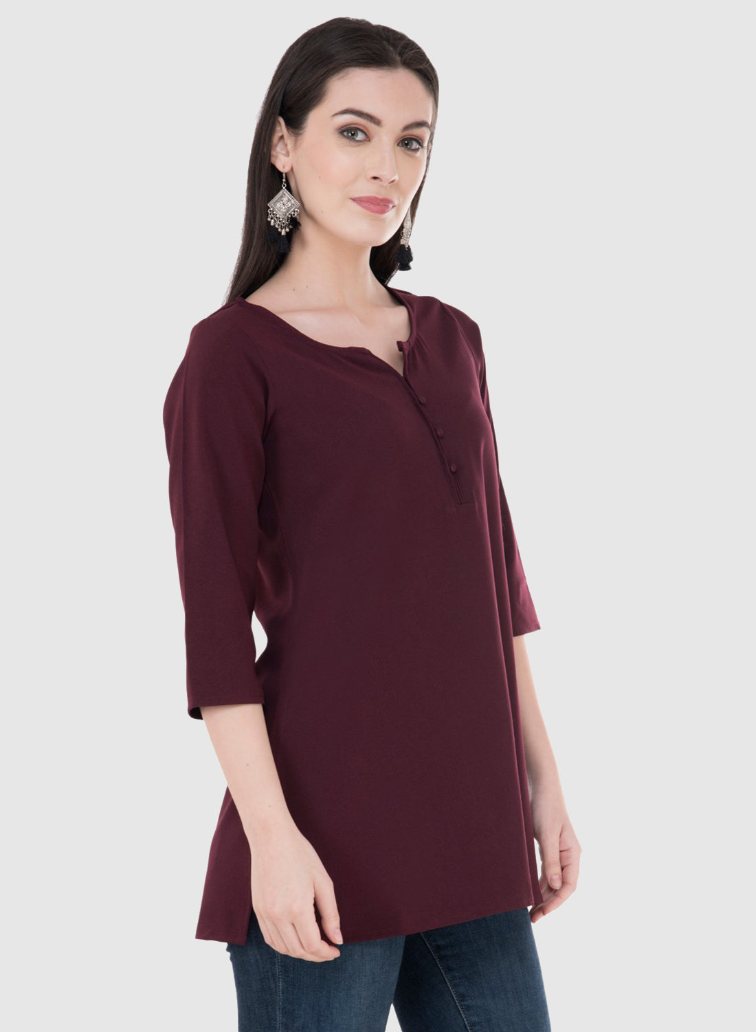 Women Top Wine Brown Rayon Casual Regular Fit Sleeves 3/4 Solid