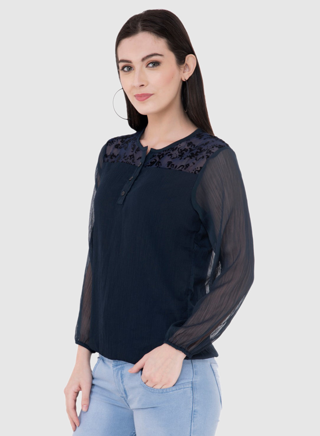 Women Top Blue Navy Blue Chiffon Casual Regular Sleeve Solid