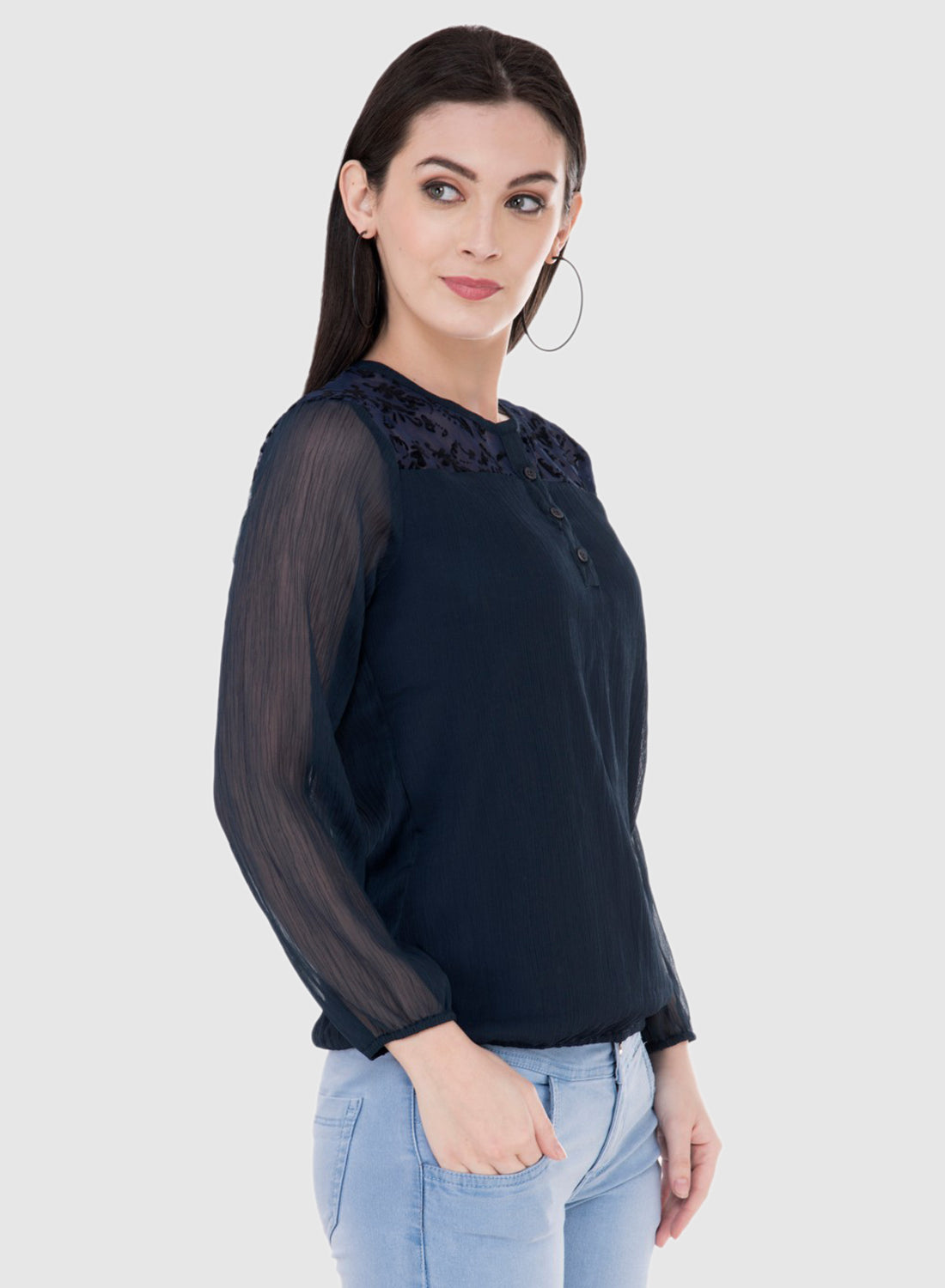 Women Top Blue Navy Blue Chiffon Casual Regular Sleeve Solid