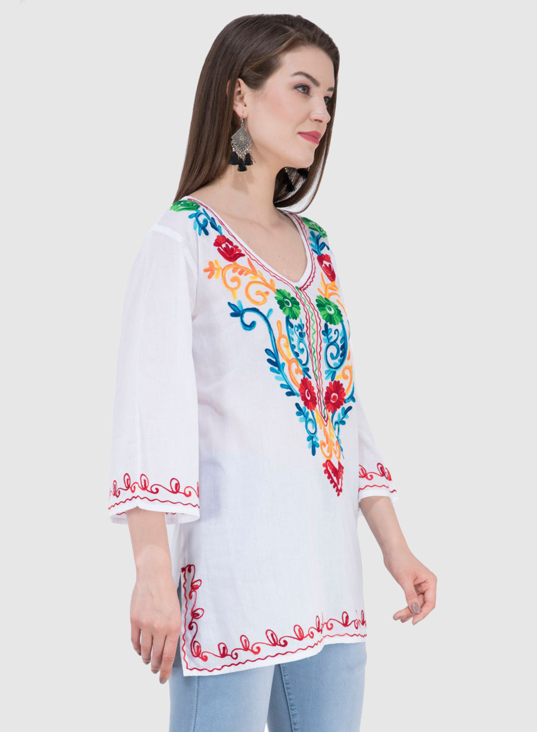 Women Top White Rayon Casual Regular Fit 3/4 Sleeve