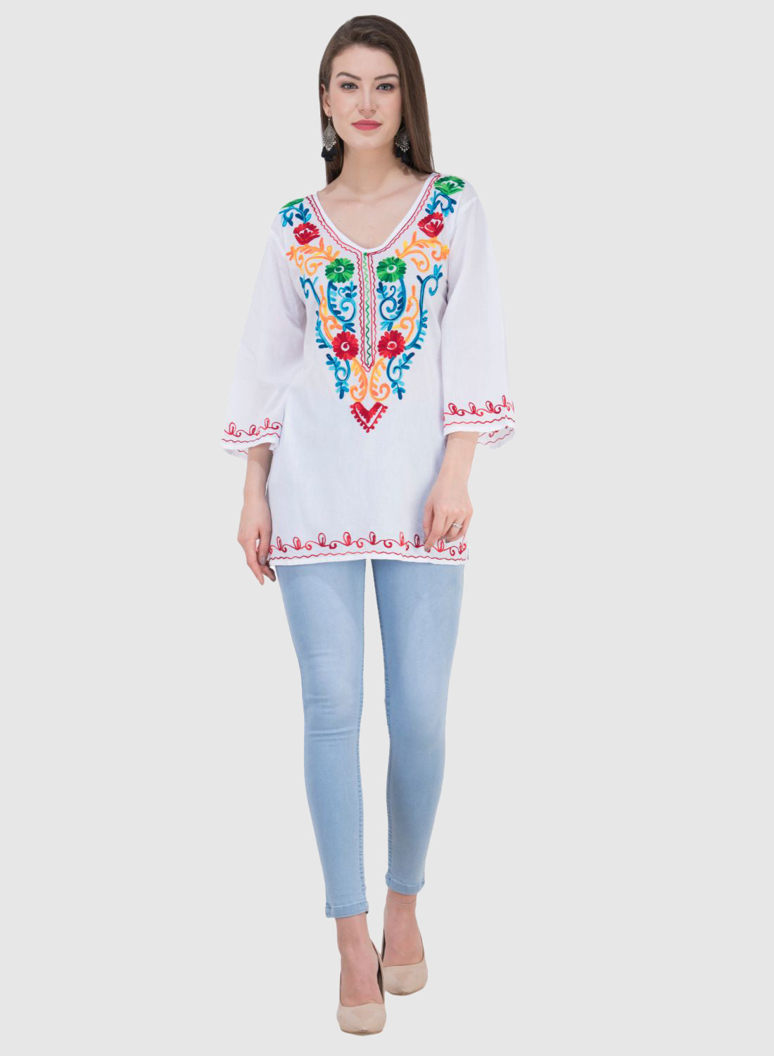 Women Top White Rayon Casual Regular Fit 3/4 Sleeve