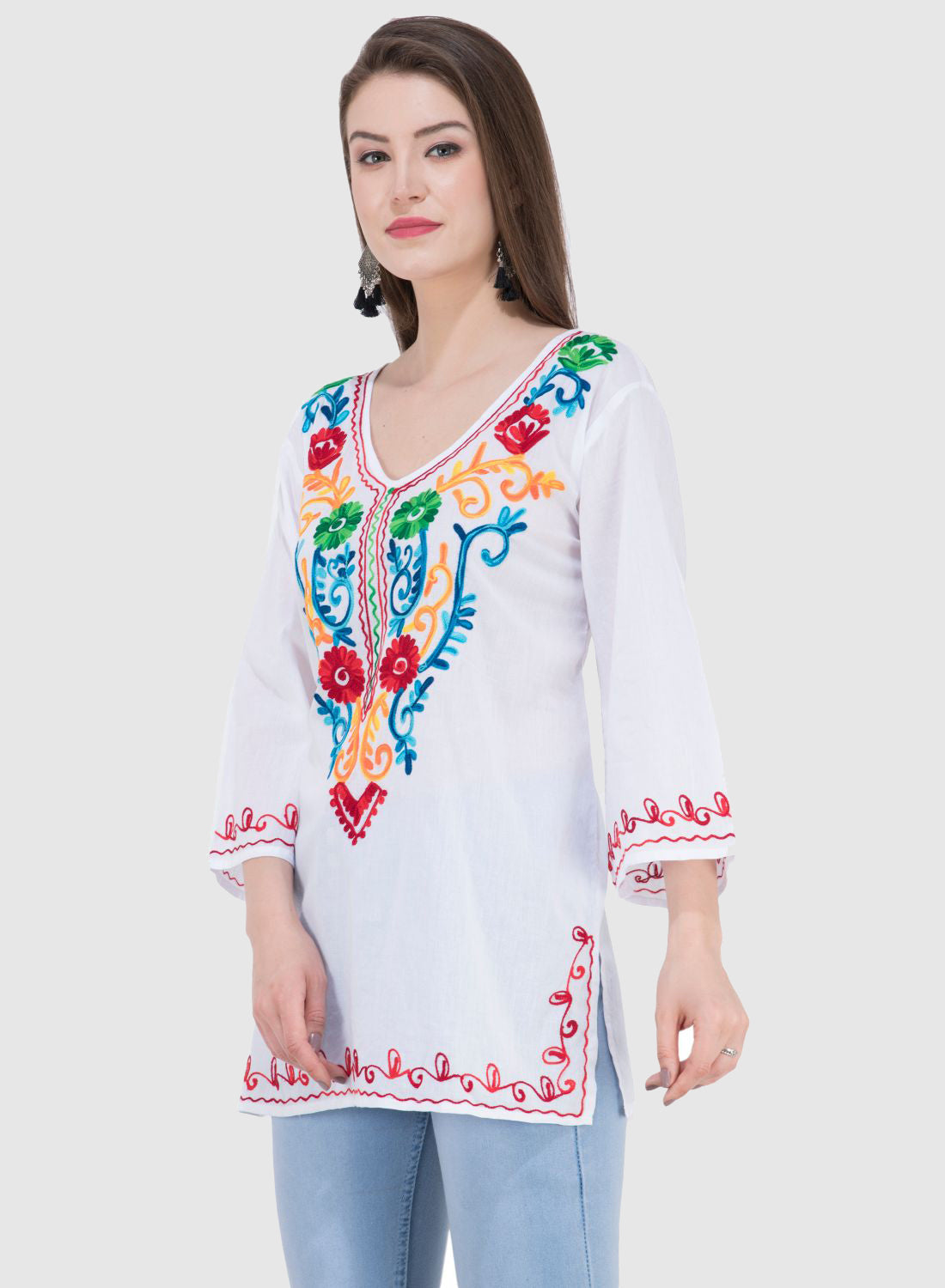 Women Top White Rayon Casual Regular Fit 3/4 Sleeve