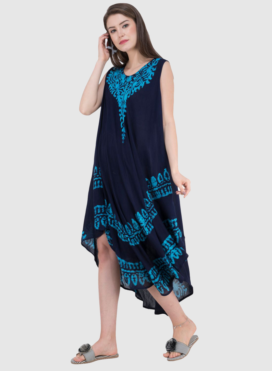 Women Dress Black Rayon Sleeveless Ombre Dye Asymmetric