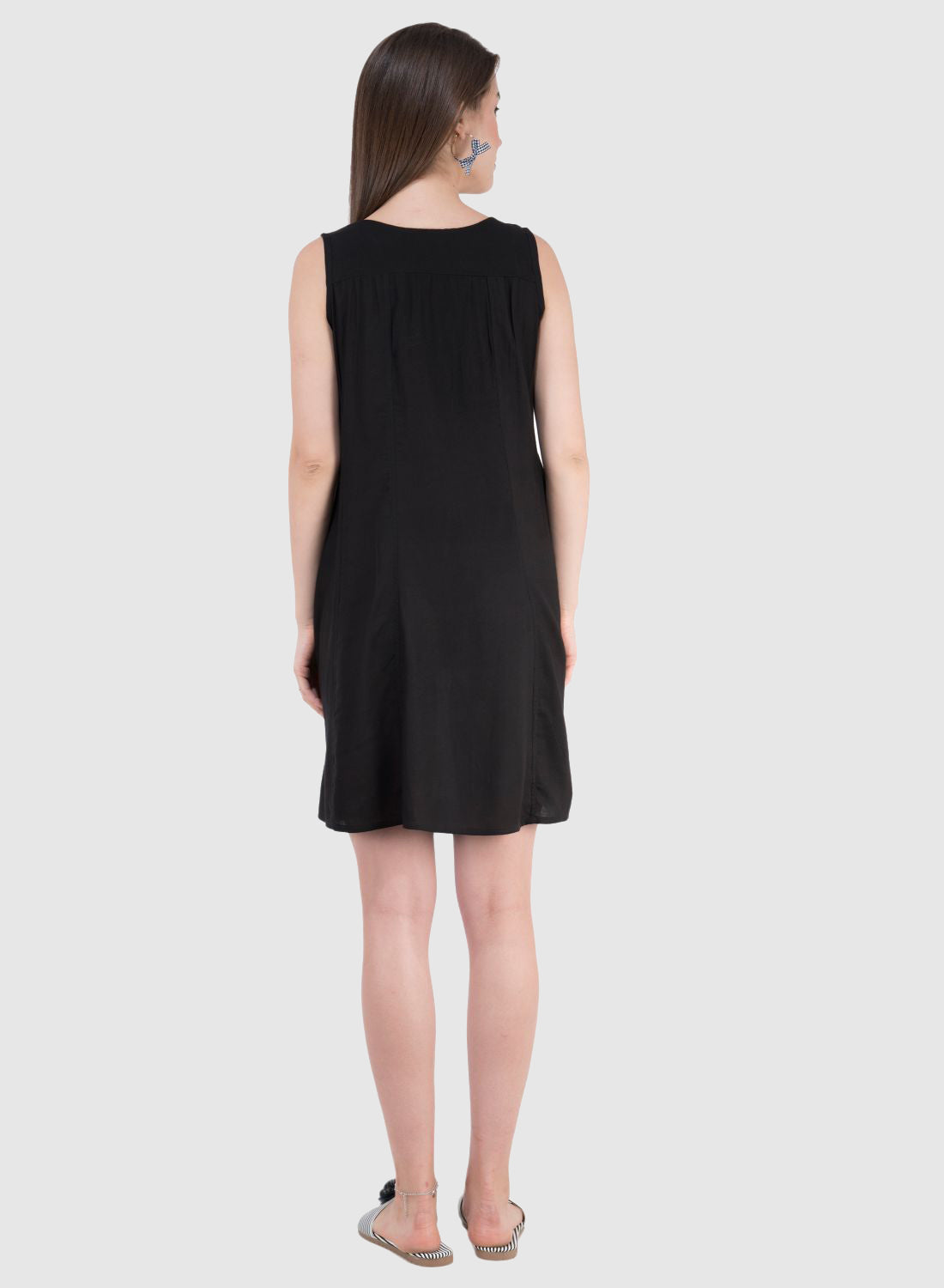 Women Dress Black Aline Rayon Sleeveless Midi Embroidery Work