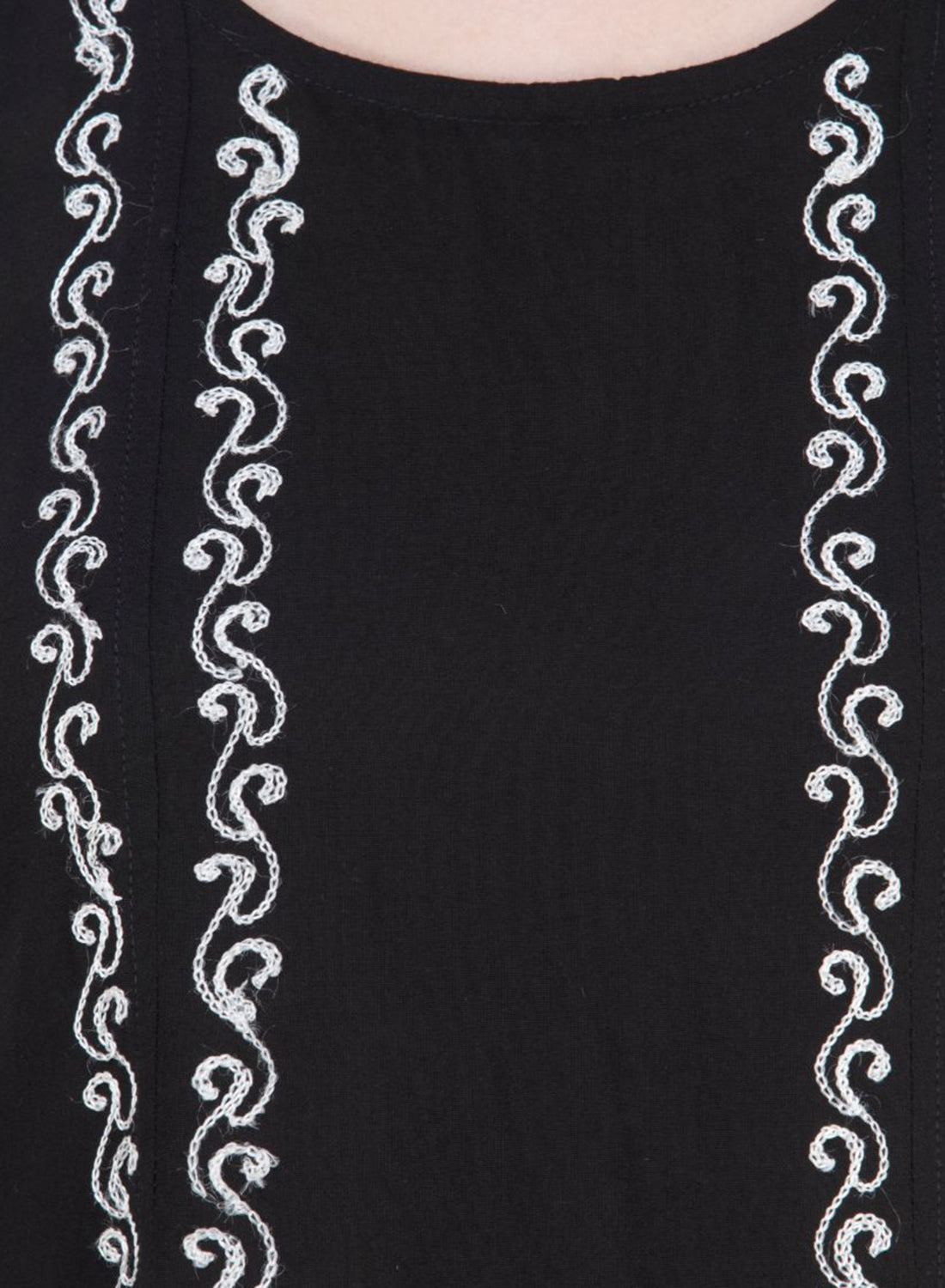 Women Dress Black Aline Rayon Sleeveless Midi Embroidery Work