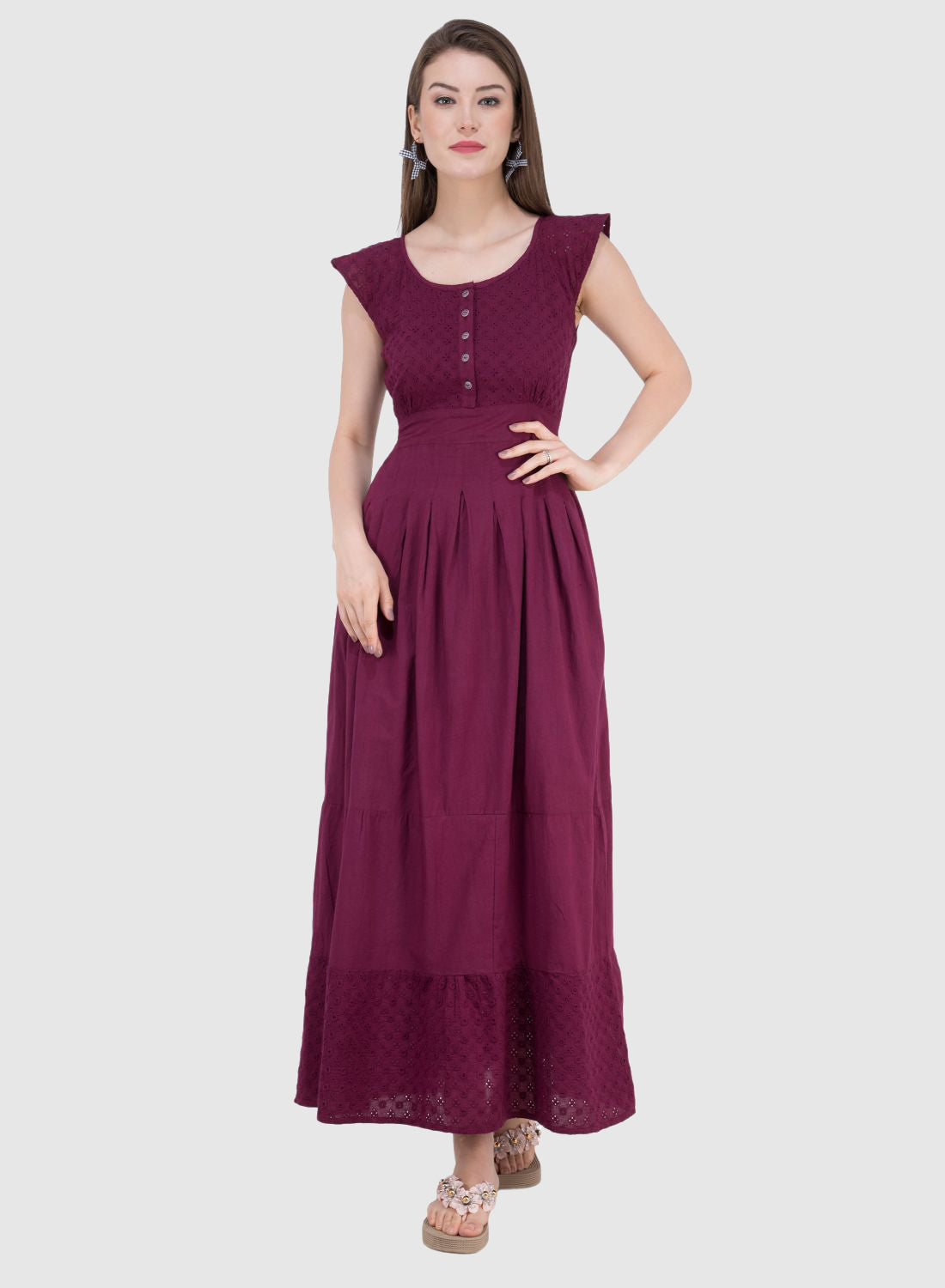 Women Dress Wine Brown Aline Cotton Long Caps Sleeve