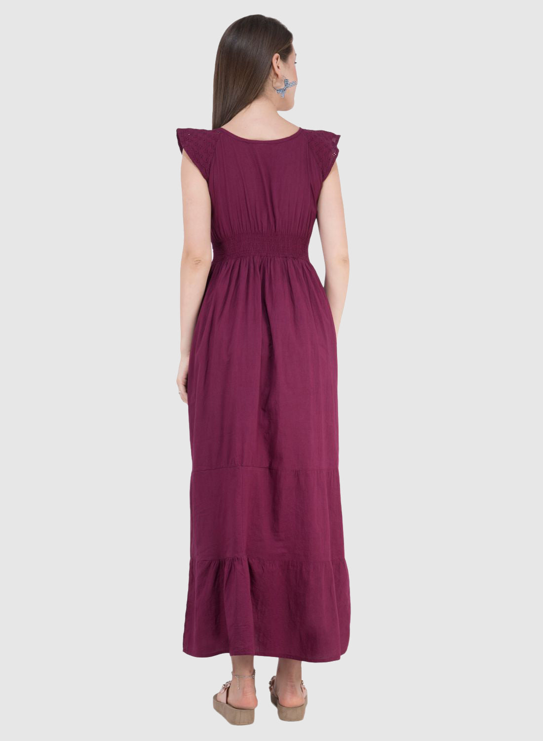 Women Dress Wine Brown Aline Cotton Long Caps Sleeve