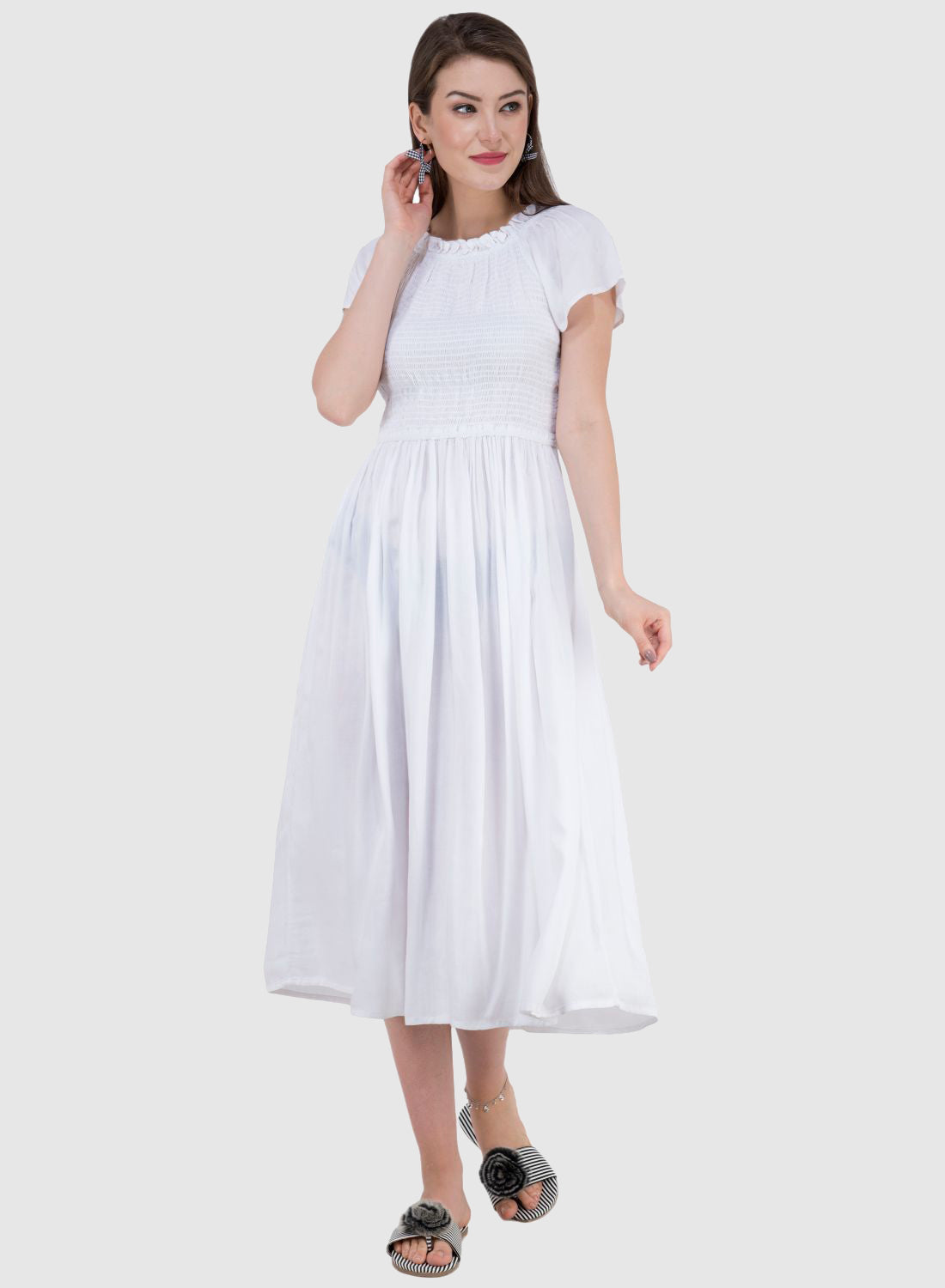 Women Dress White Aline Rayon Midi