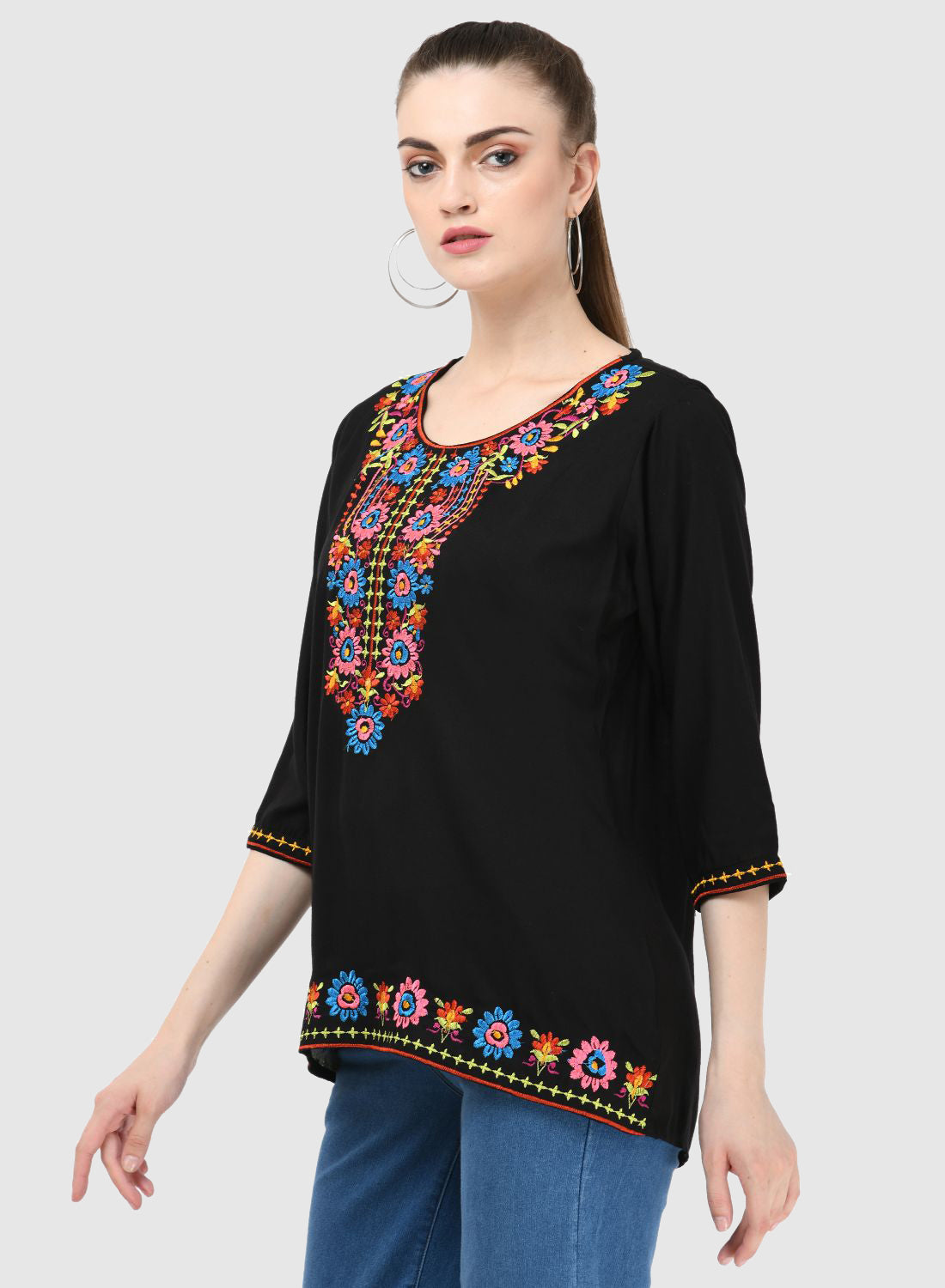 Women Top Black Casual Regular Fit 3/4 Sleeve