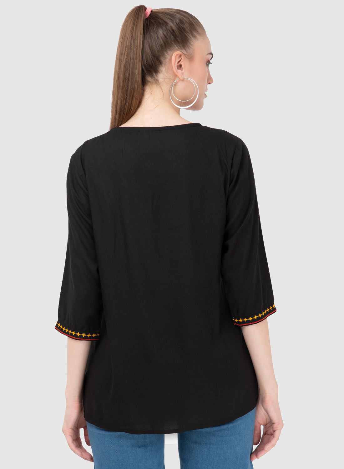 Women Top Black Casual Regular Fit 3/4 Sleeve