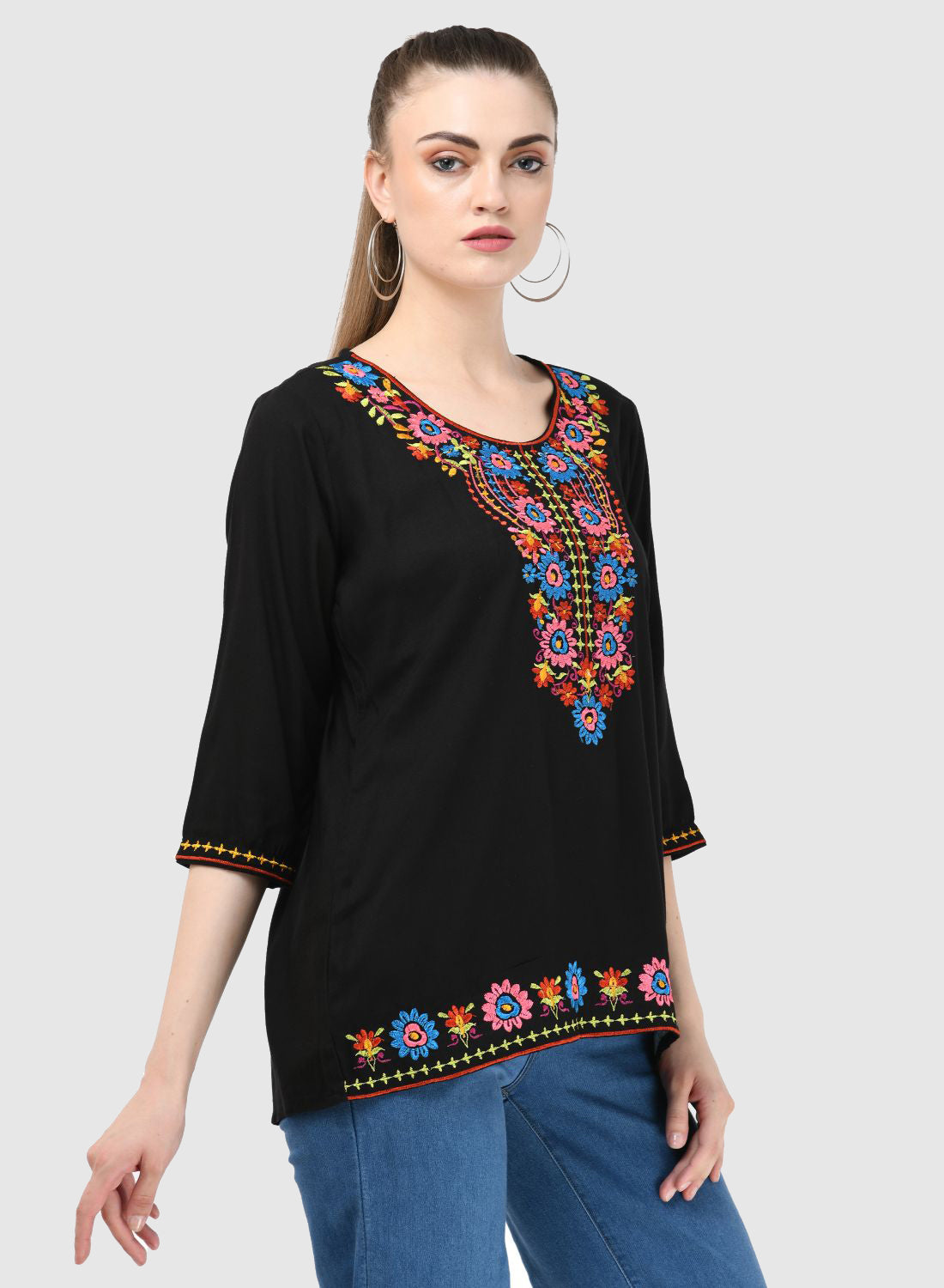 Women Top Black Casual Regular Fit 3/4 Sleeve