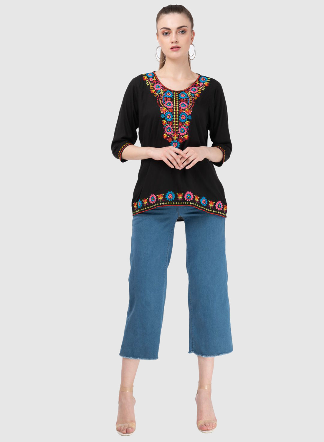 Women Top Black Casual Regular Fit 3/4 Sleeve