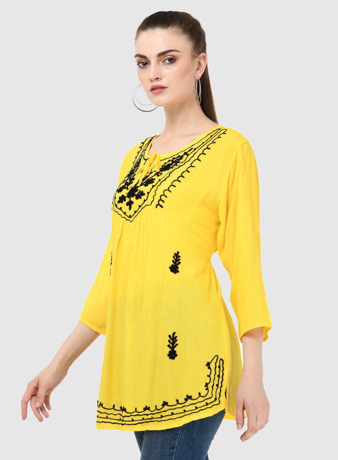 Women Top Yellow Casual Regular Fit and Flare 3/4 Sleeve