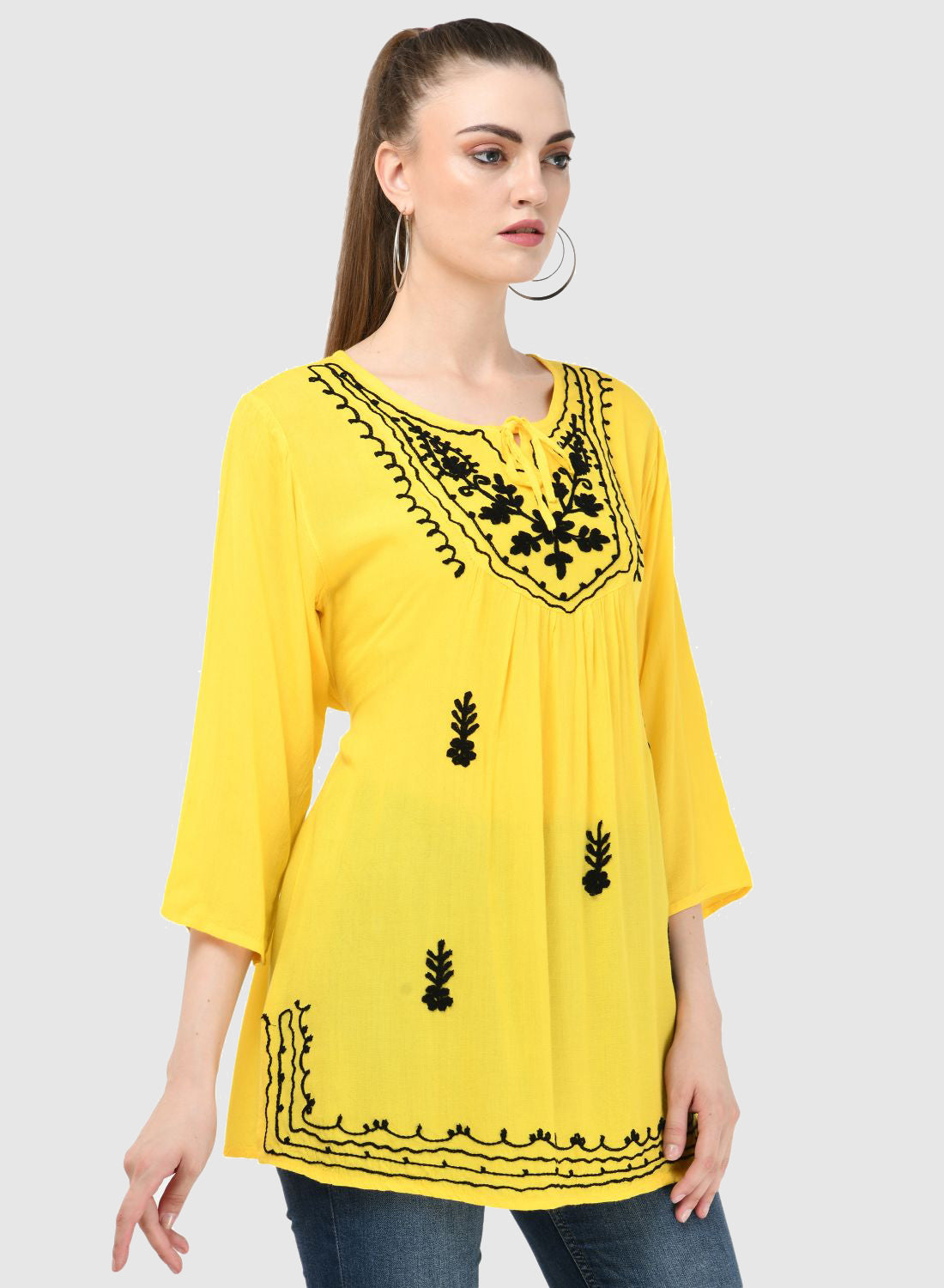 Women Top Yellow Casual Regular Fit and Flare 3/4 Sleeve