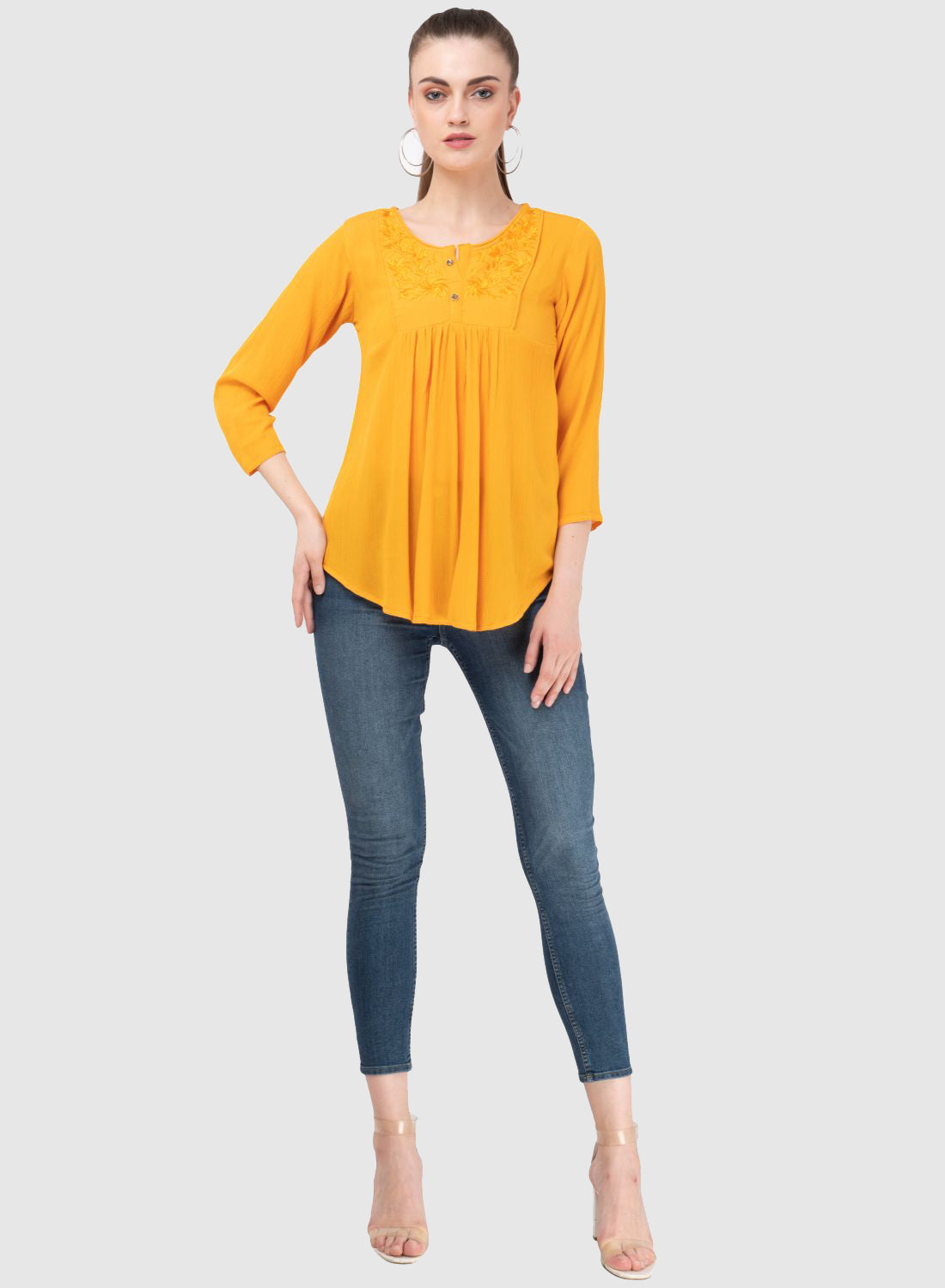 Women Top Yellow Regular Fit and Flare 3/4 Sleeve