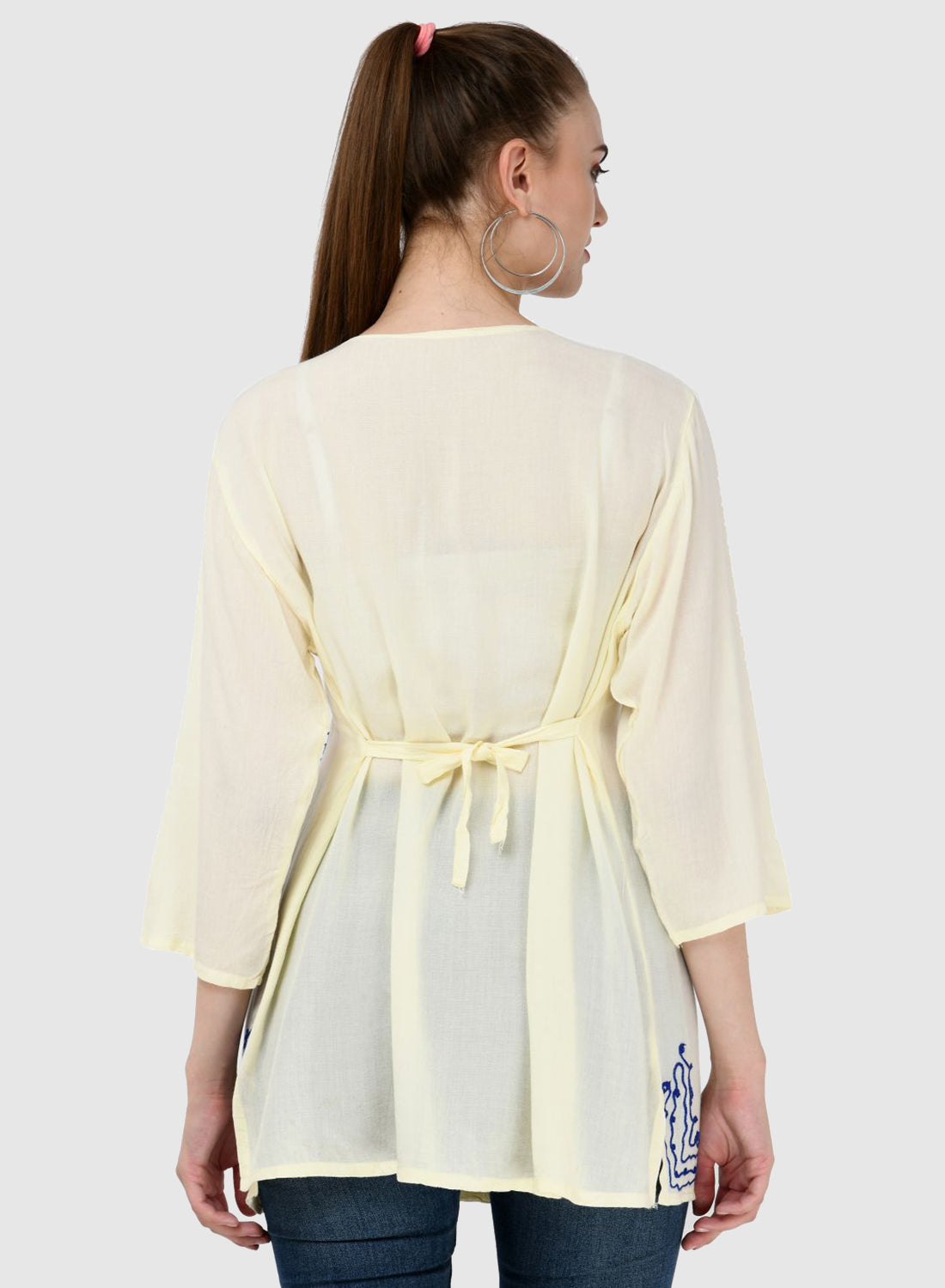 Women Top White Regular Fit and Flare 3/4 Sleeve Embroidery Work