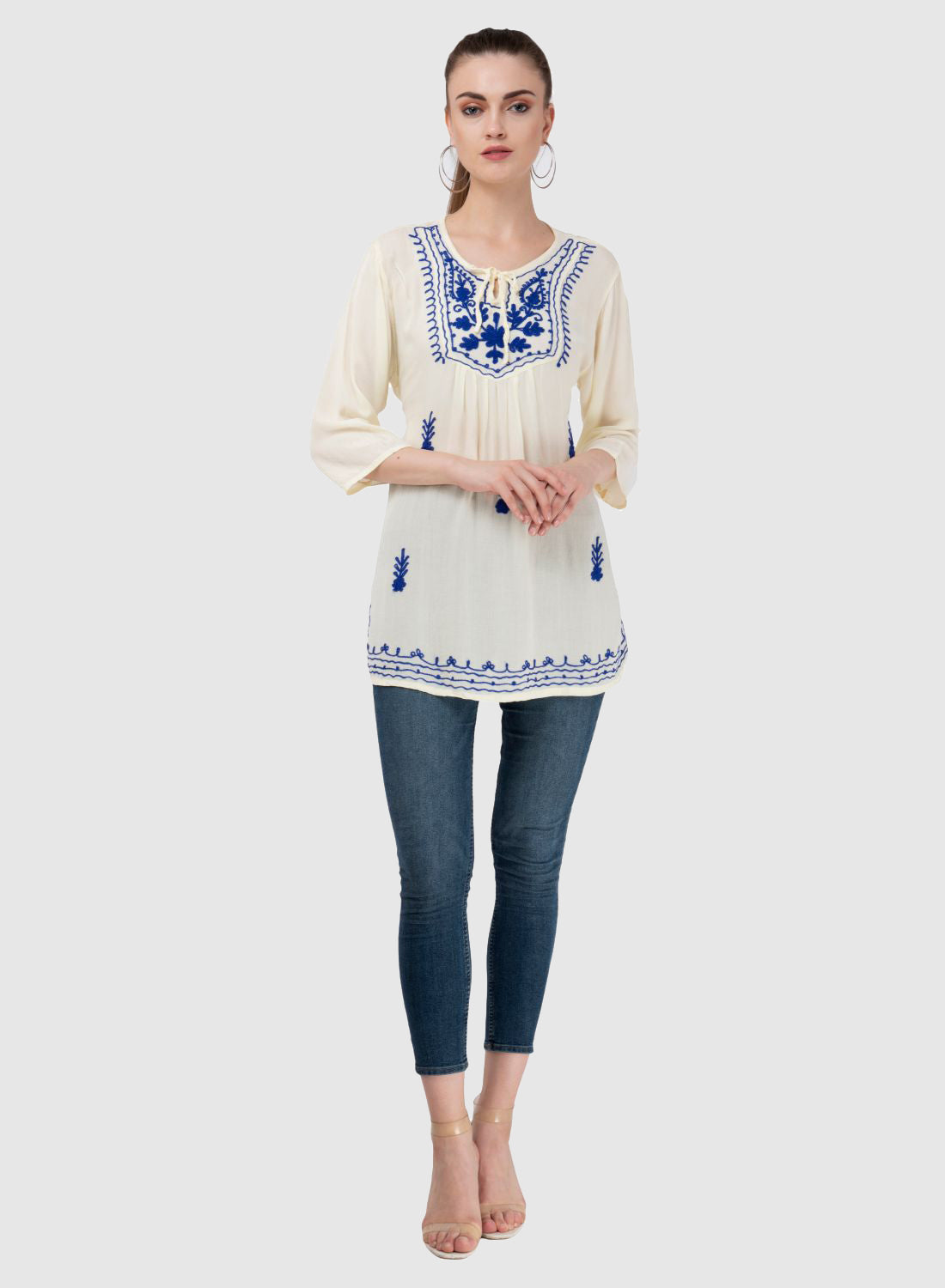 Women Top White Regular Fit and Flare 3/4 Sleeve Embroidery Work