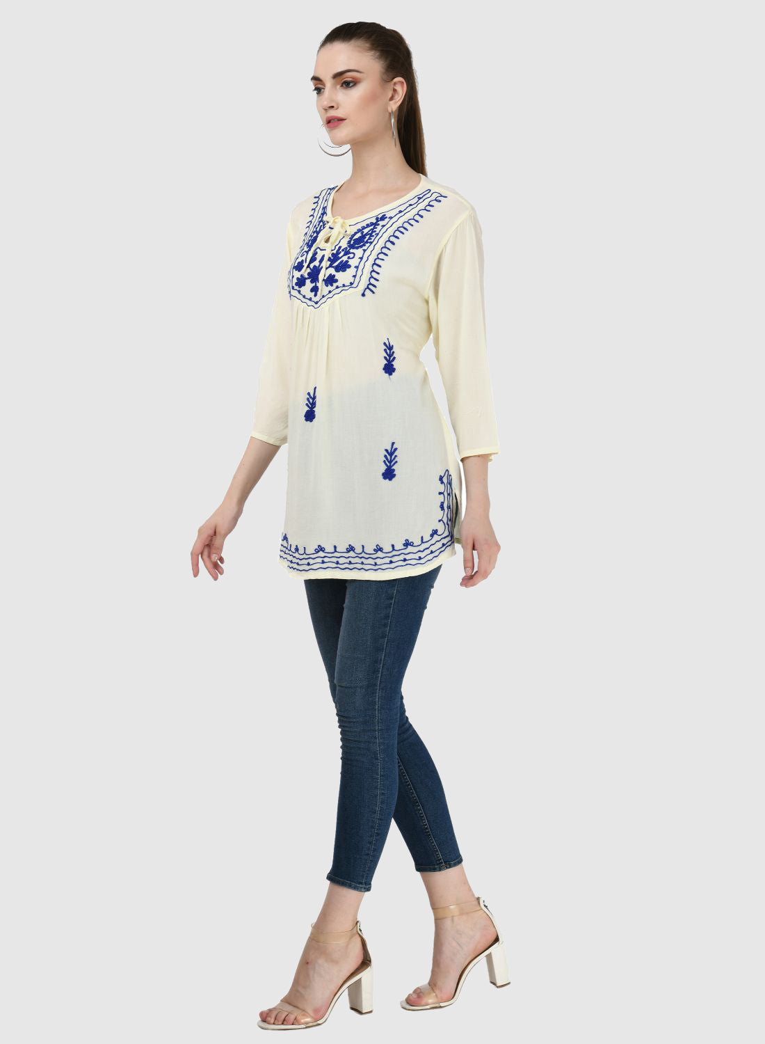 Women Top White Regular Fit and Flare 3/4 Sleeve Embroidery Work