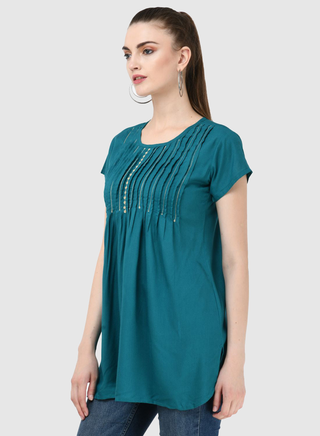 Women Top P Blue Casual Regular Fit and Flare Half Sleeve Embroidery Work