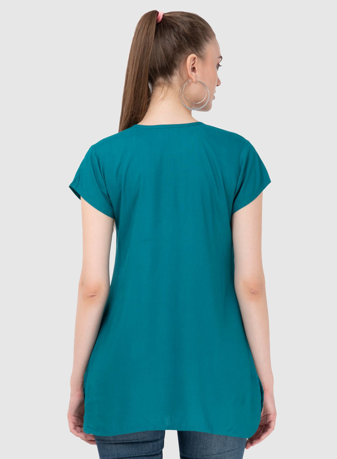 Women Top P Blue Casual Regular Fit and Flare Half Sleeve Embroidery Work