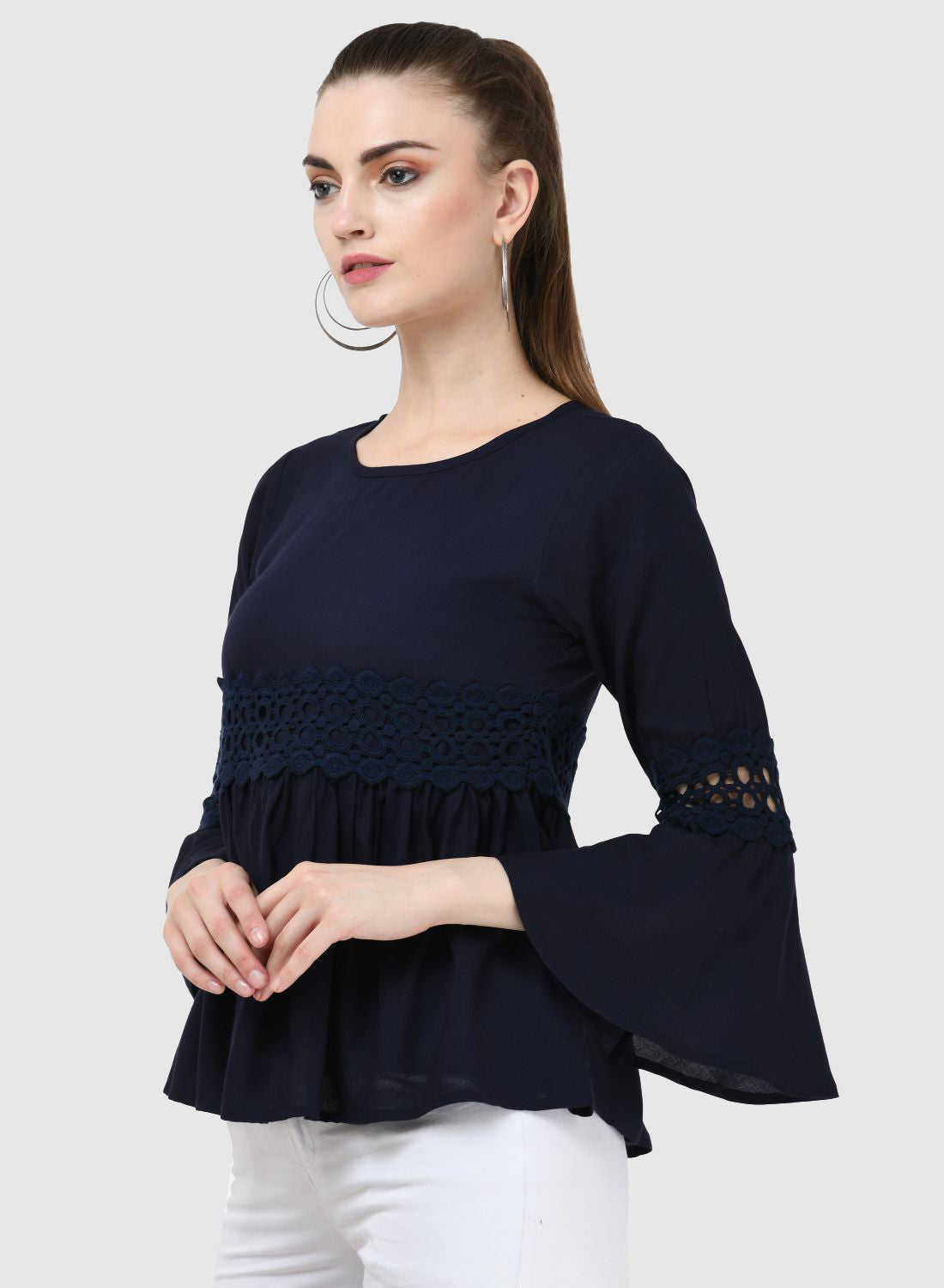 Women Top Navy Blue Regular Fit Party Fit and Flare Bell Sleeve With Lace Work
