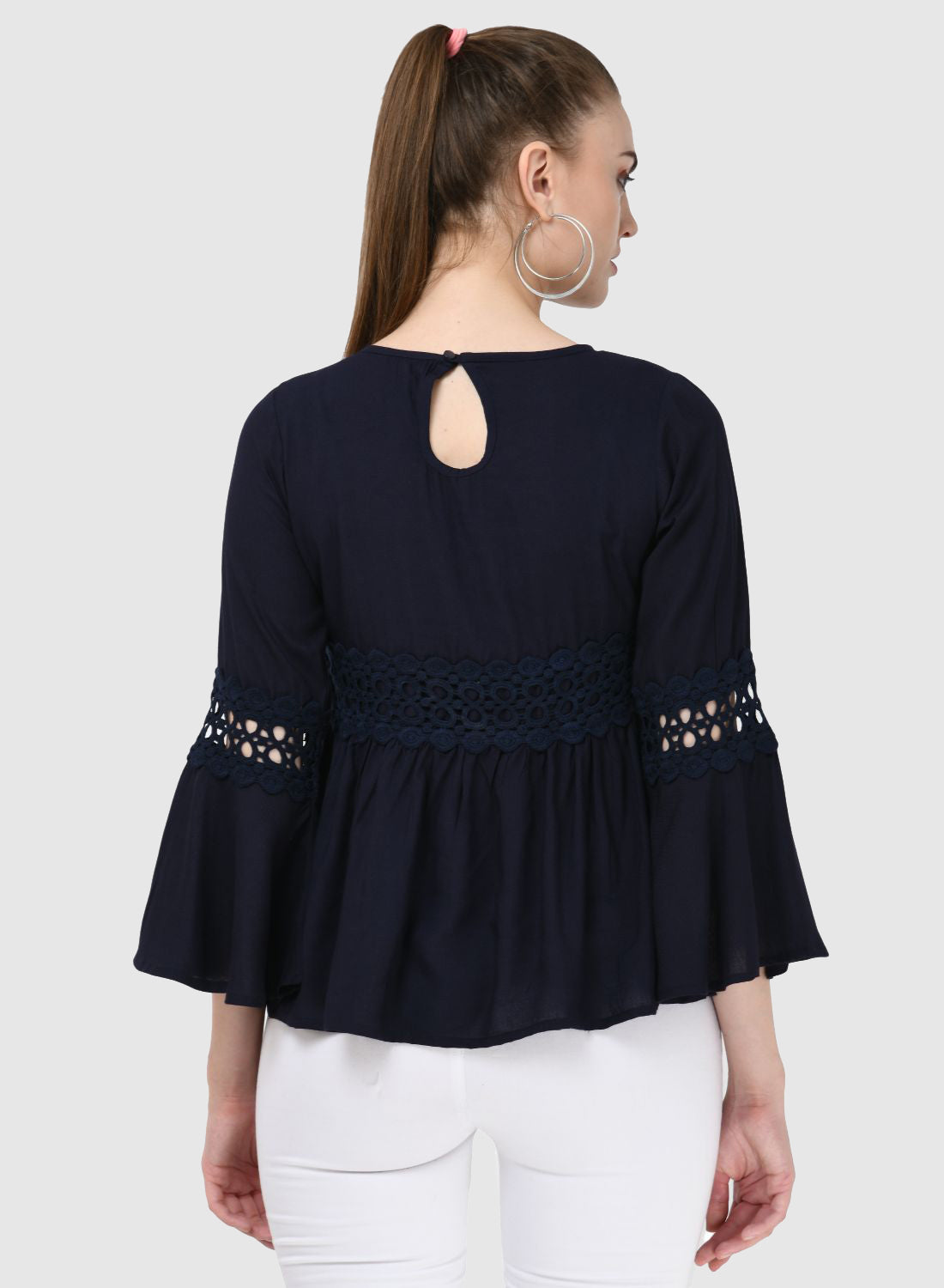 Women Top Navy Blue Regular Fit Party Fit and Flare Bell Sleeve With Lace Work