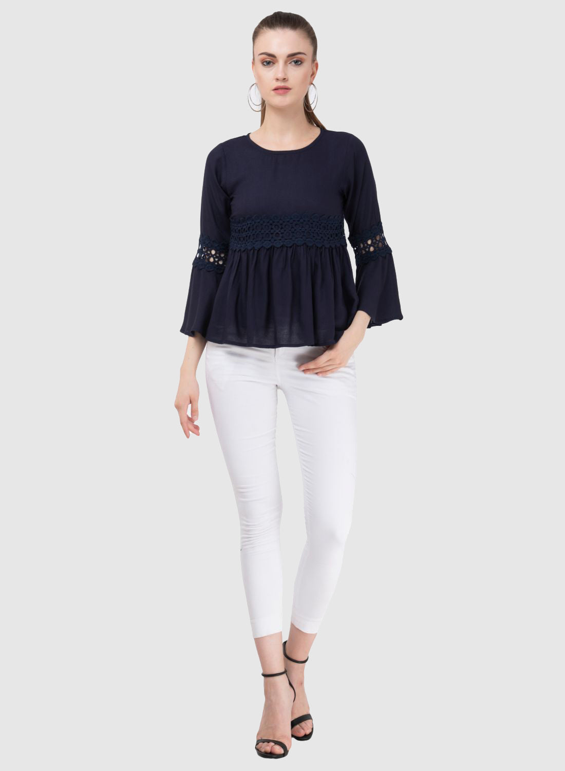 Women Top Navy Blue Regular Fit Party Fit and Flare Bell Sleeve With Lace Work