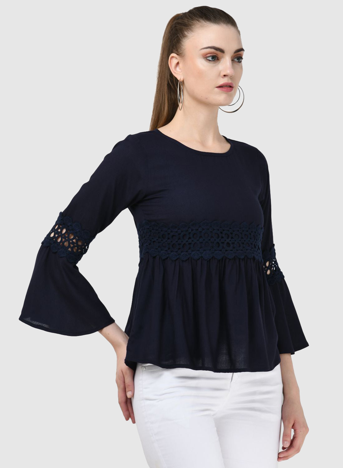 Women Top Navy Blue Regular Fit Party Fit and Flare Bell Sleeve With Lace Work
