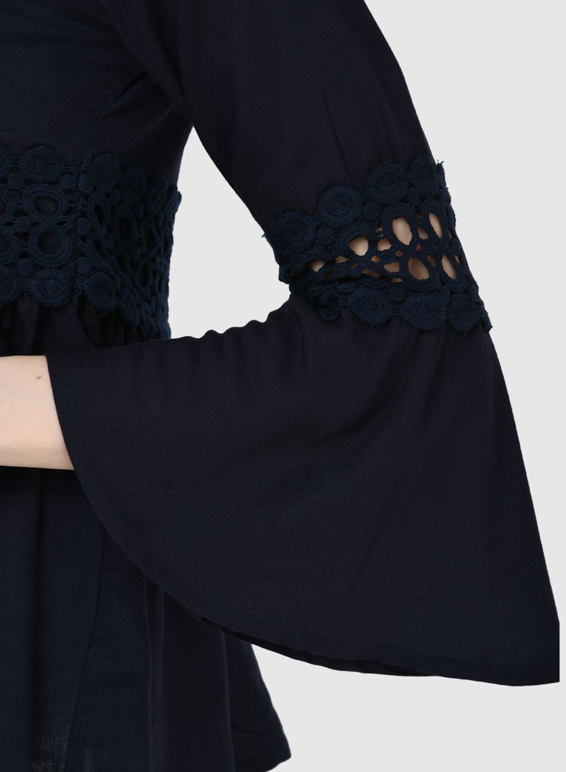 Women Top Navy Blue Regular Fit Party Fit and Flare Bell Sleeve With Lace Work