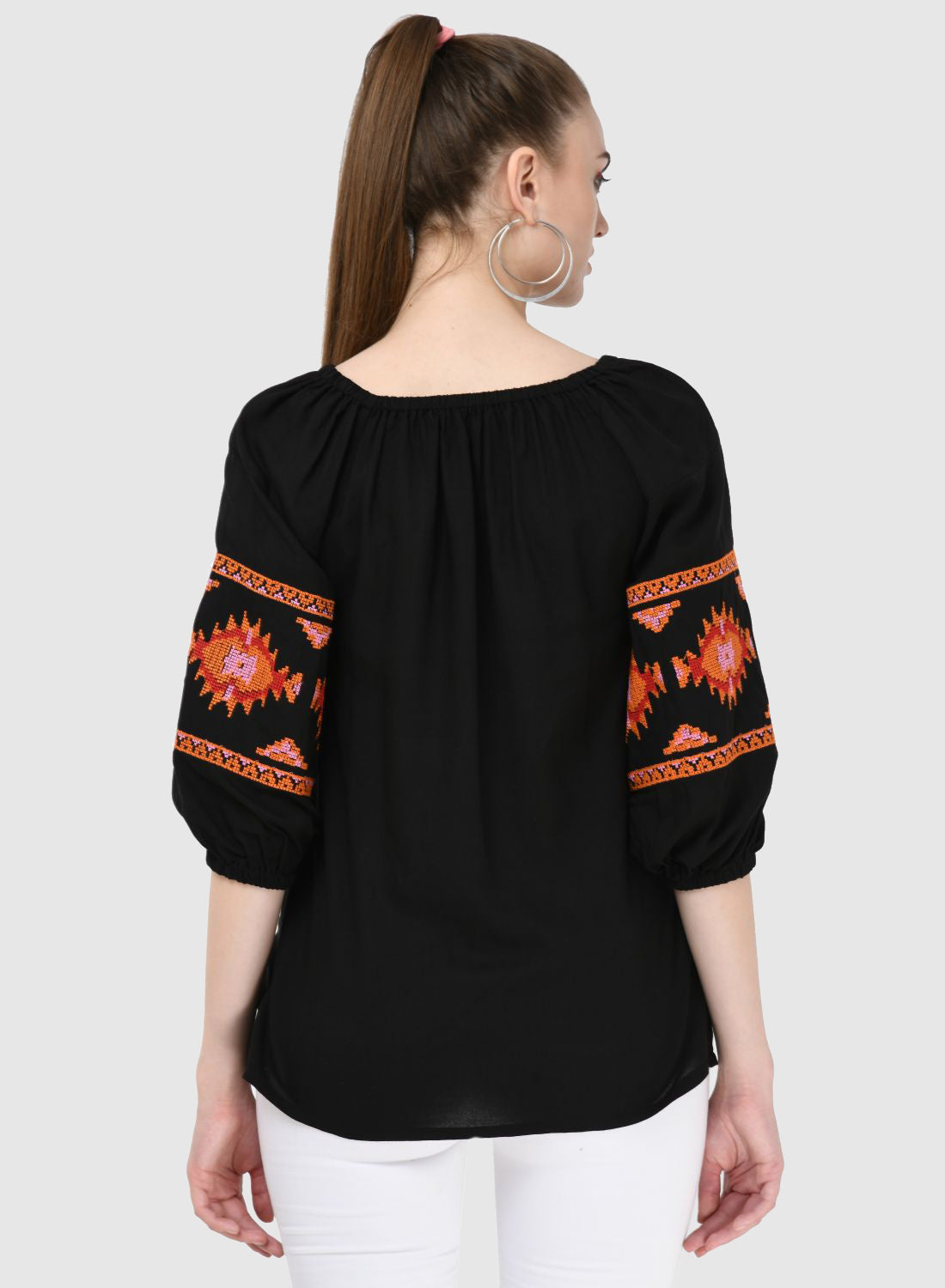 Women Top Black Casual Regular Fit 3/4 Puff Sleeve